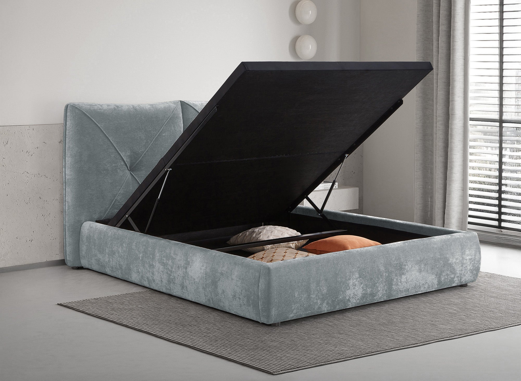 Cama con almacenaje NOAH de tela de rizo gris suave, 140 x 190 cm