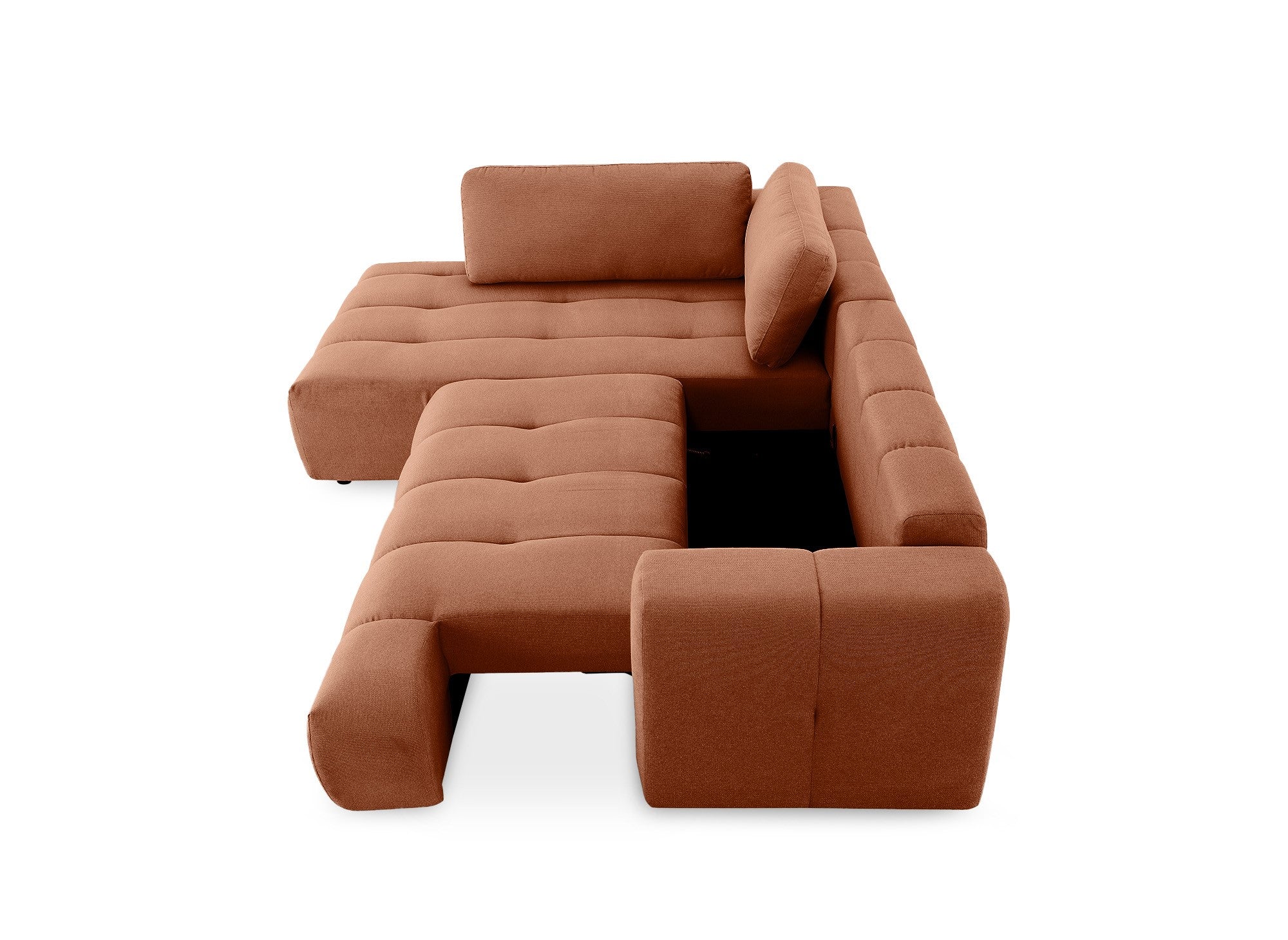 Sofá cama esquinero HAVEN de tela color terracota con almacenaje - Esquina izquierda