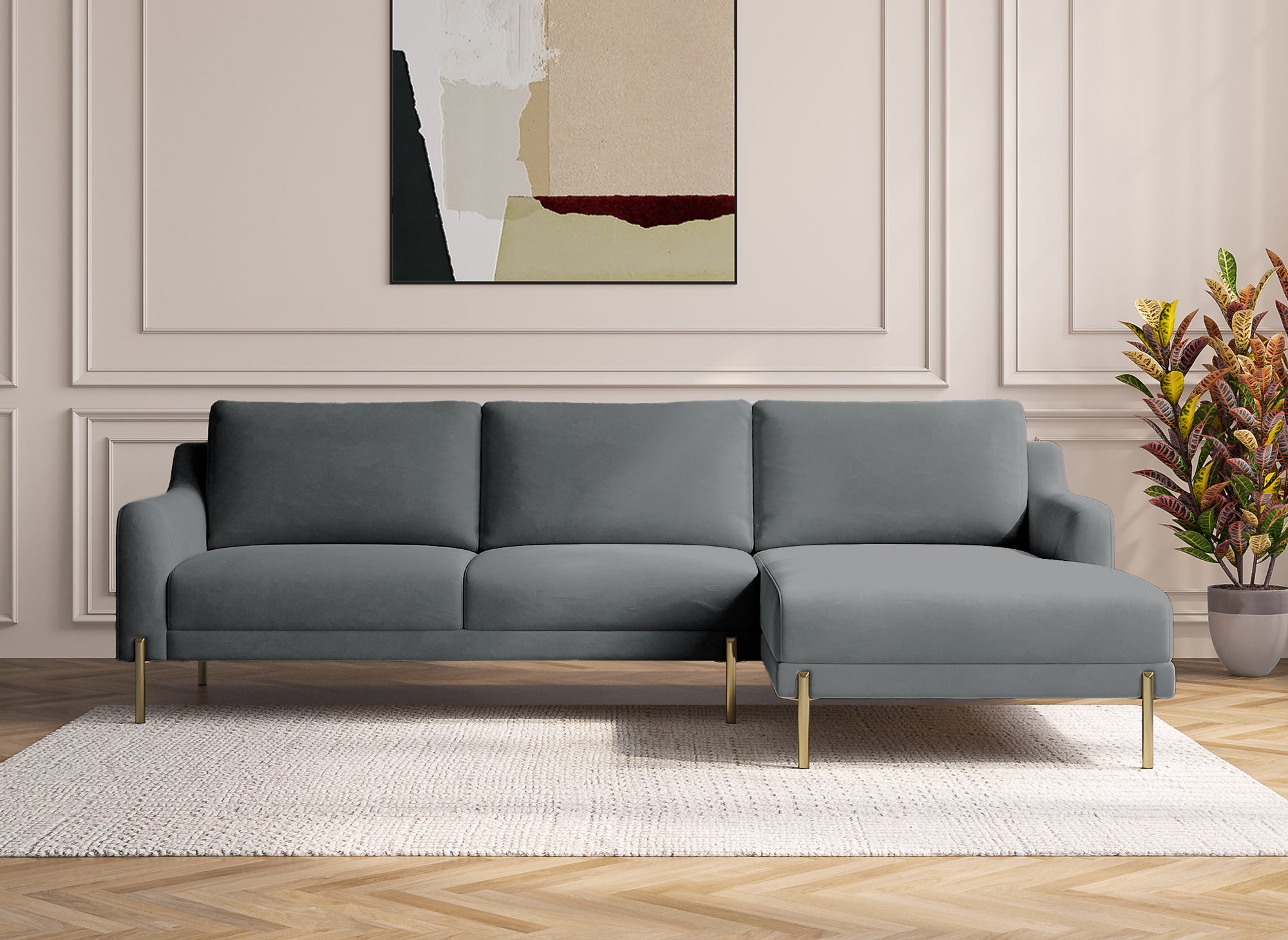 Sofá esquinero CELINE con chaise longue en terciopelo gris - Esquina derecha