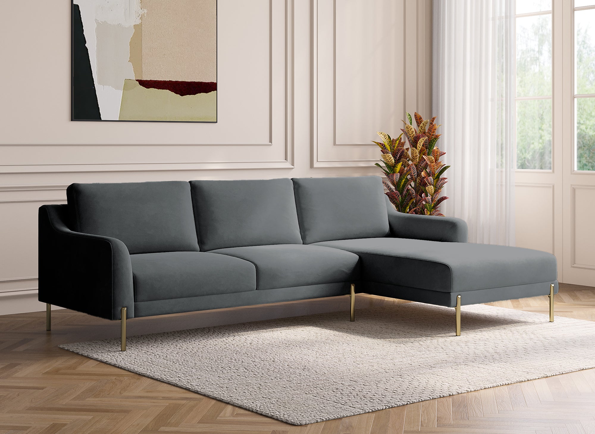 Sofá esquinero CELINE con chaise longue en terciopelo gris - Esquina derecha
