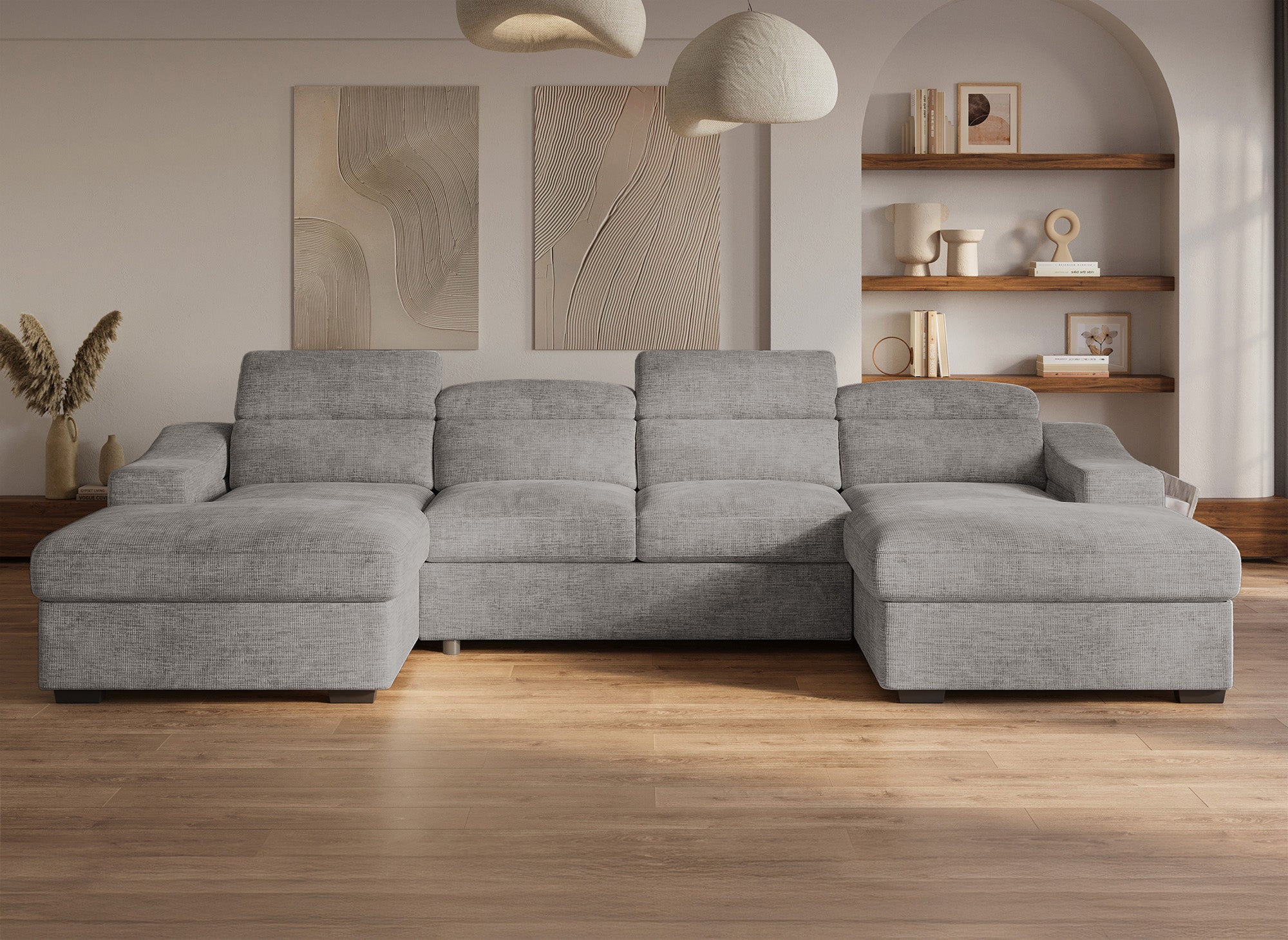 Sofá cama panorámico convertible VELORA con 2 compartimentos de almacenamiento en terciopelo gris jaspeado