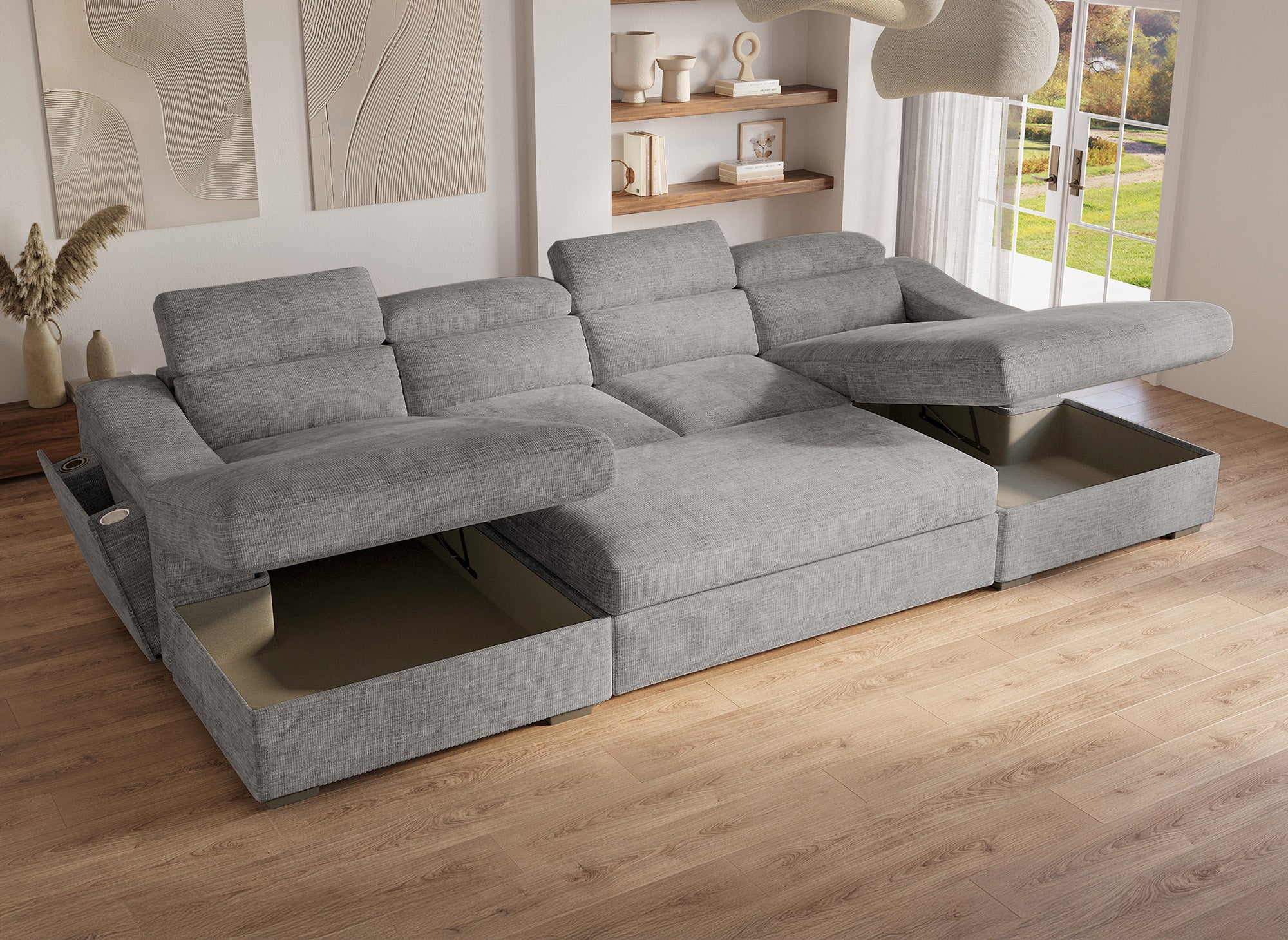 Sofá cama panorámico convertible VELORA con 2 compartimentos de almacenamiento en terciopelo gris jaspeado