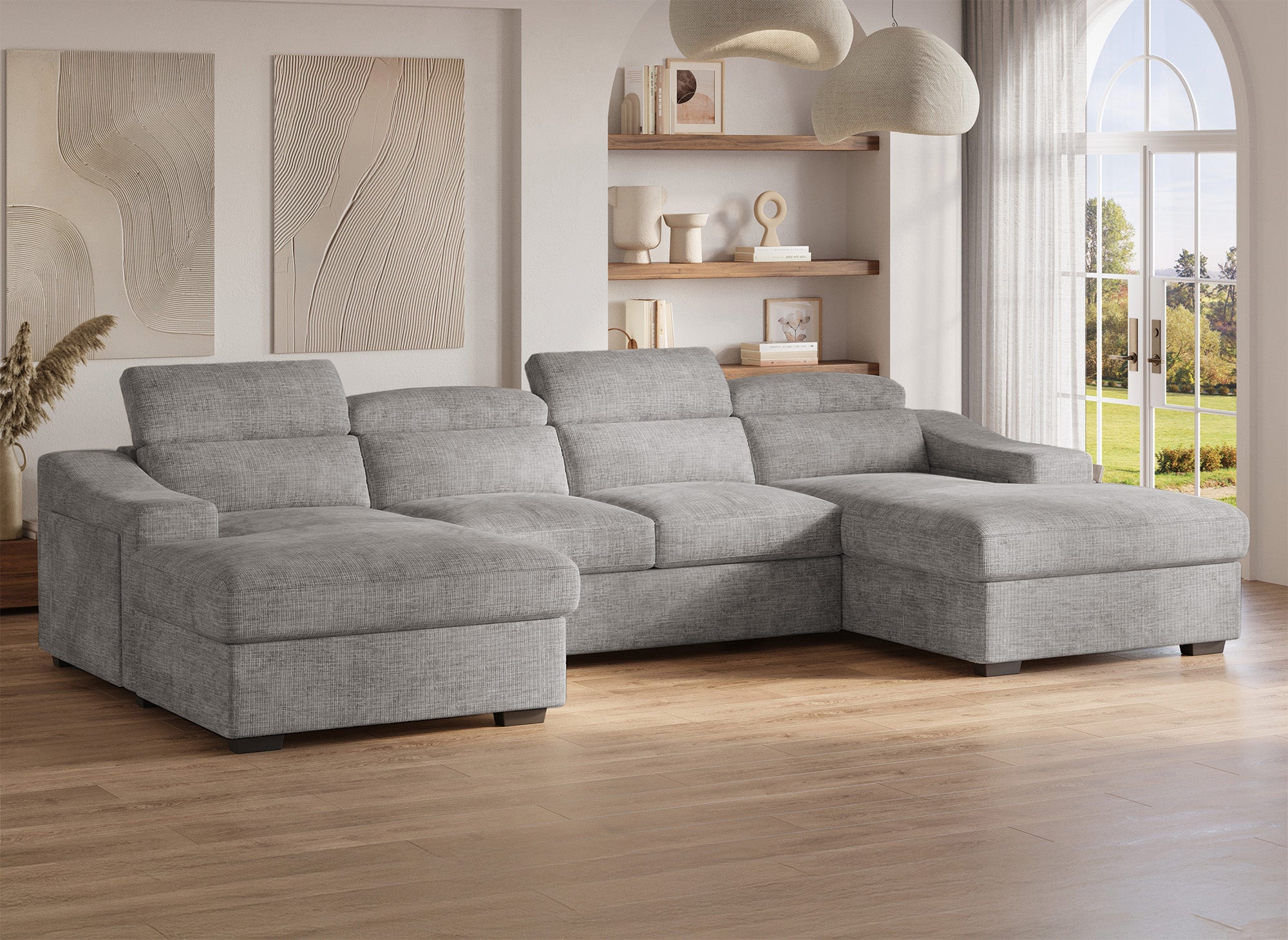 Sofá cama panorámico convertible VELORA con 2 compartimentos de almacenamiento en terciopelo gris jaspeado