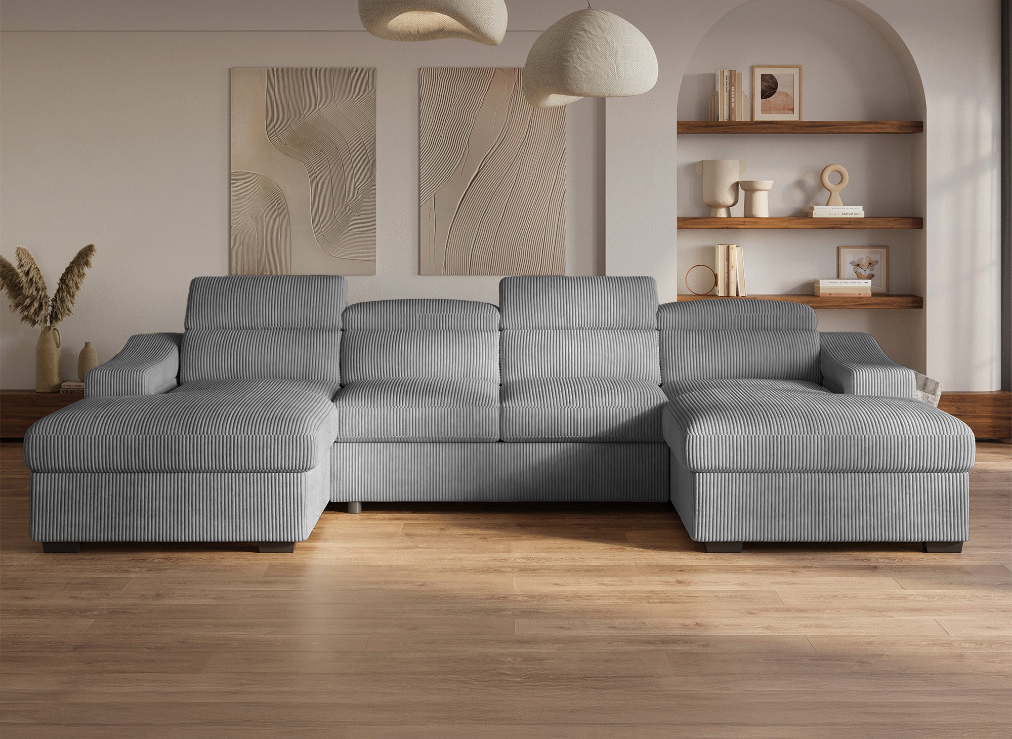 Sofá panorámico convertible VELORA con 2 compartimentos de almacenamiento en pana gris gruesa