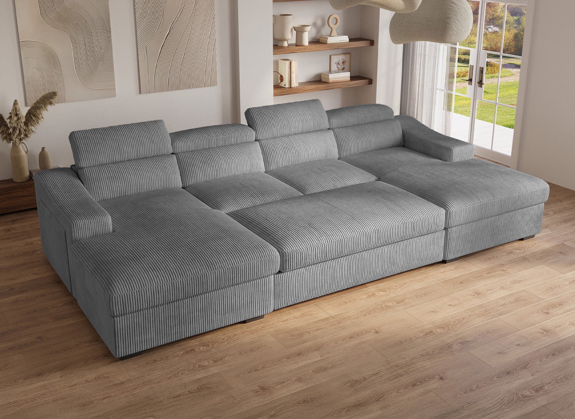 Sofá panorámico convertible VELORA con 2 compartimentos de almacenamiento en pana gris gruesa