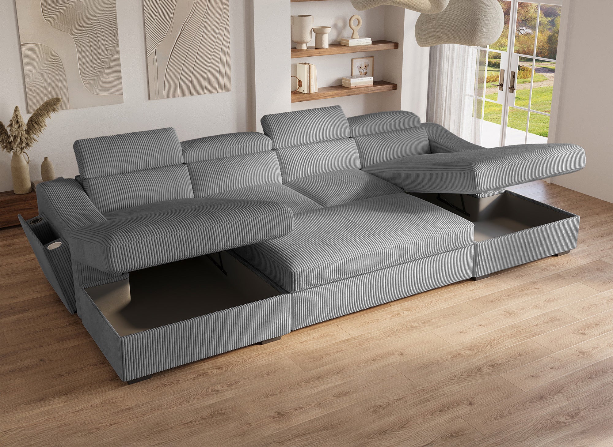 Sofá panorámico convertible VELORA con 2 compartimentos de almacenamiento en pana gris gruesa