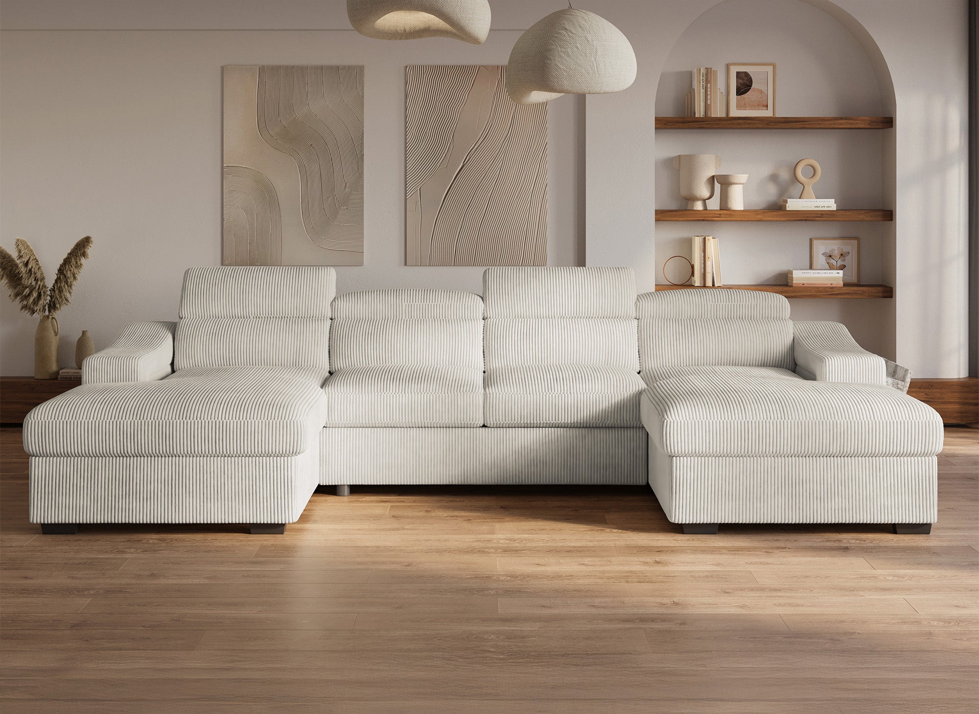 Sofá panorámico convertible VELORA con 2 compartimentos de almacenamiento en pana gruesa color beige.