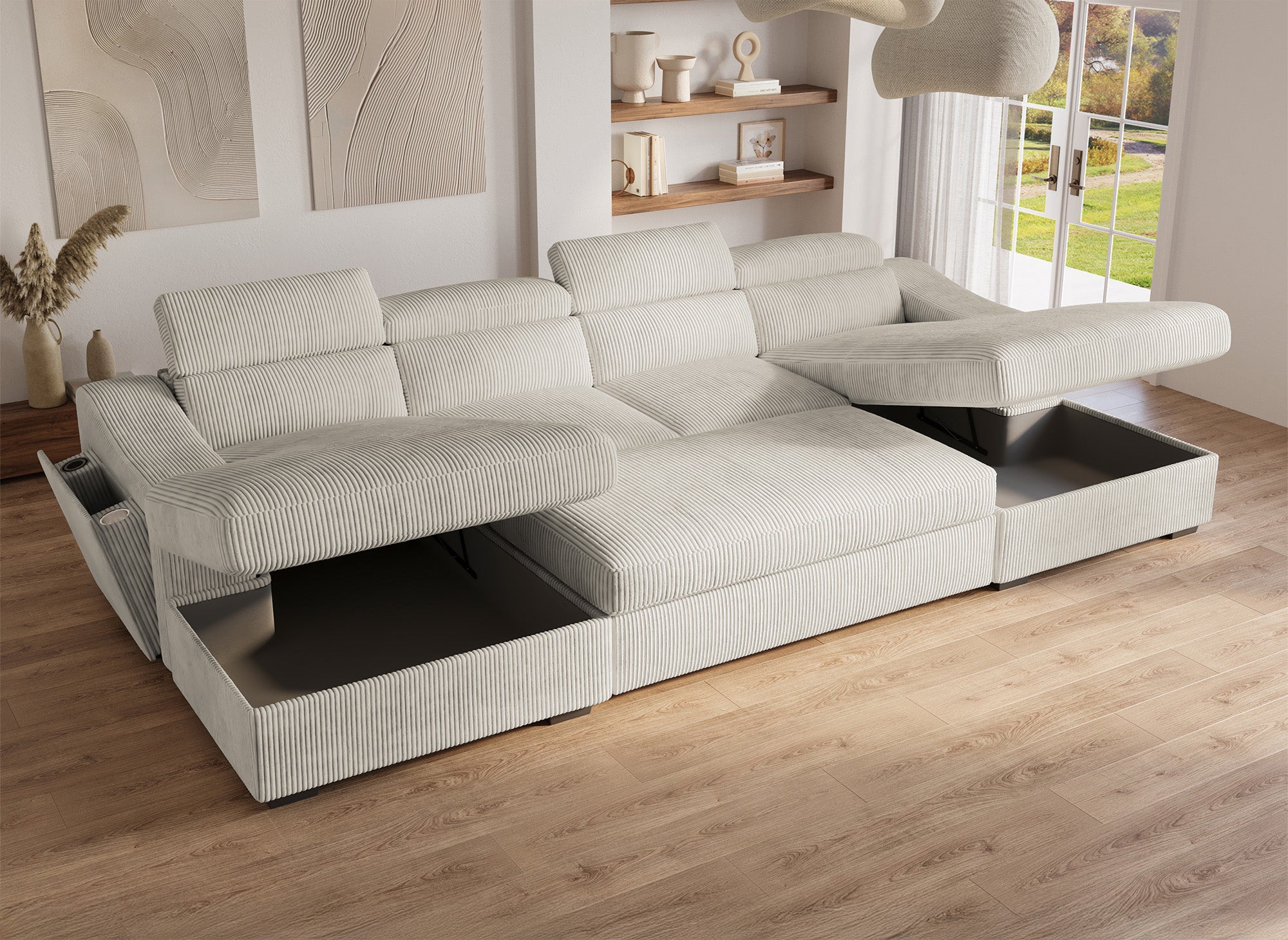 Sofá panorámico convertible VELORA con 2 compartimentos de almacenamiento en pana gruesa color beige.