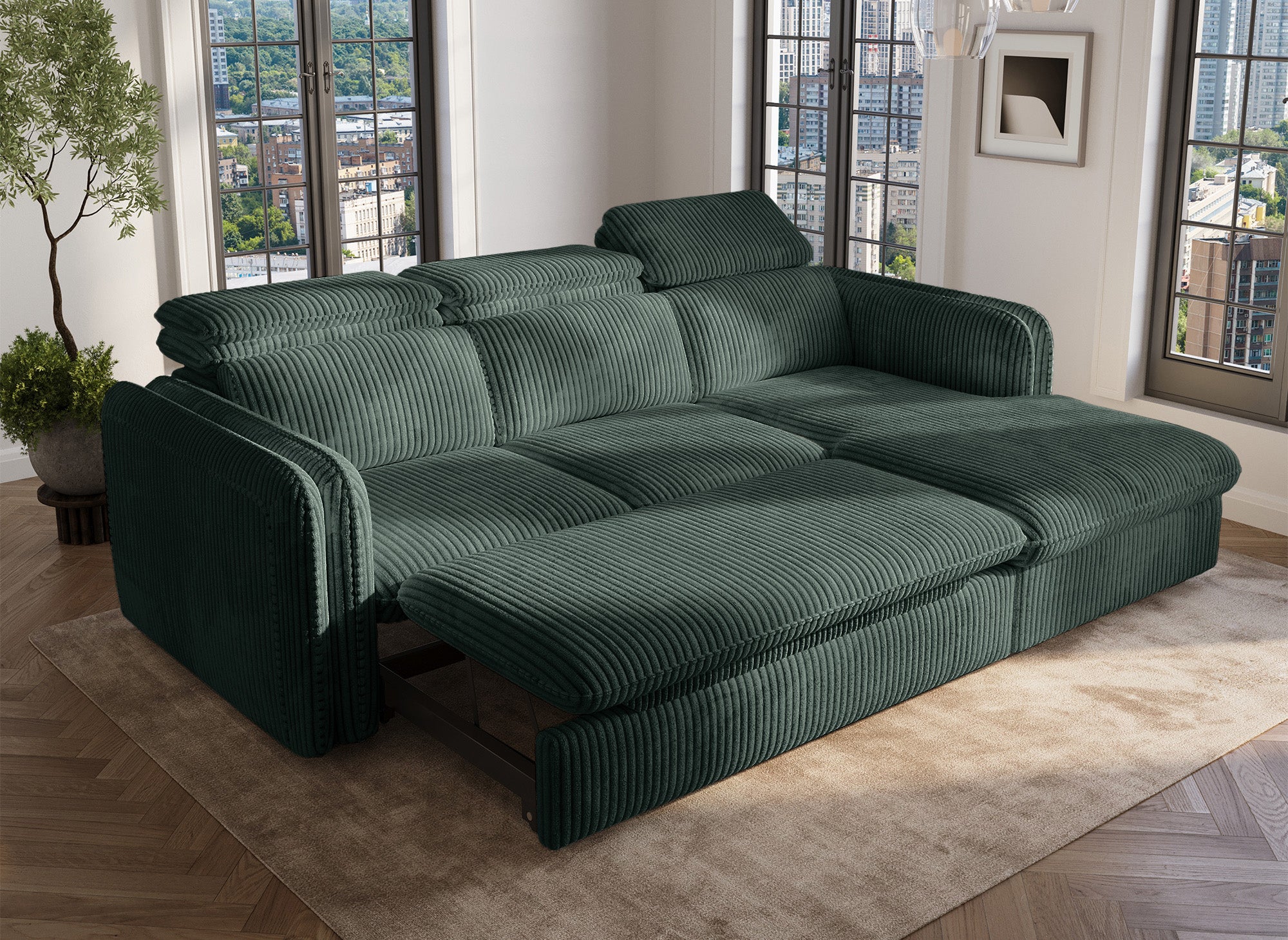 Sofá cama esquinero ISABELLA en pana verde gruesa - Esquina derecha