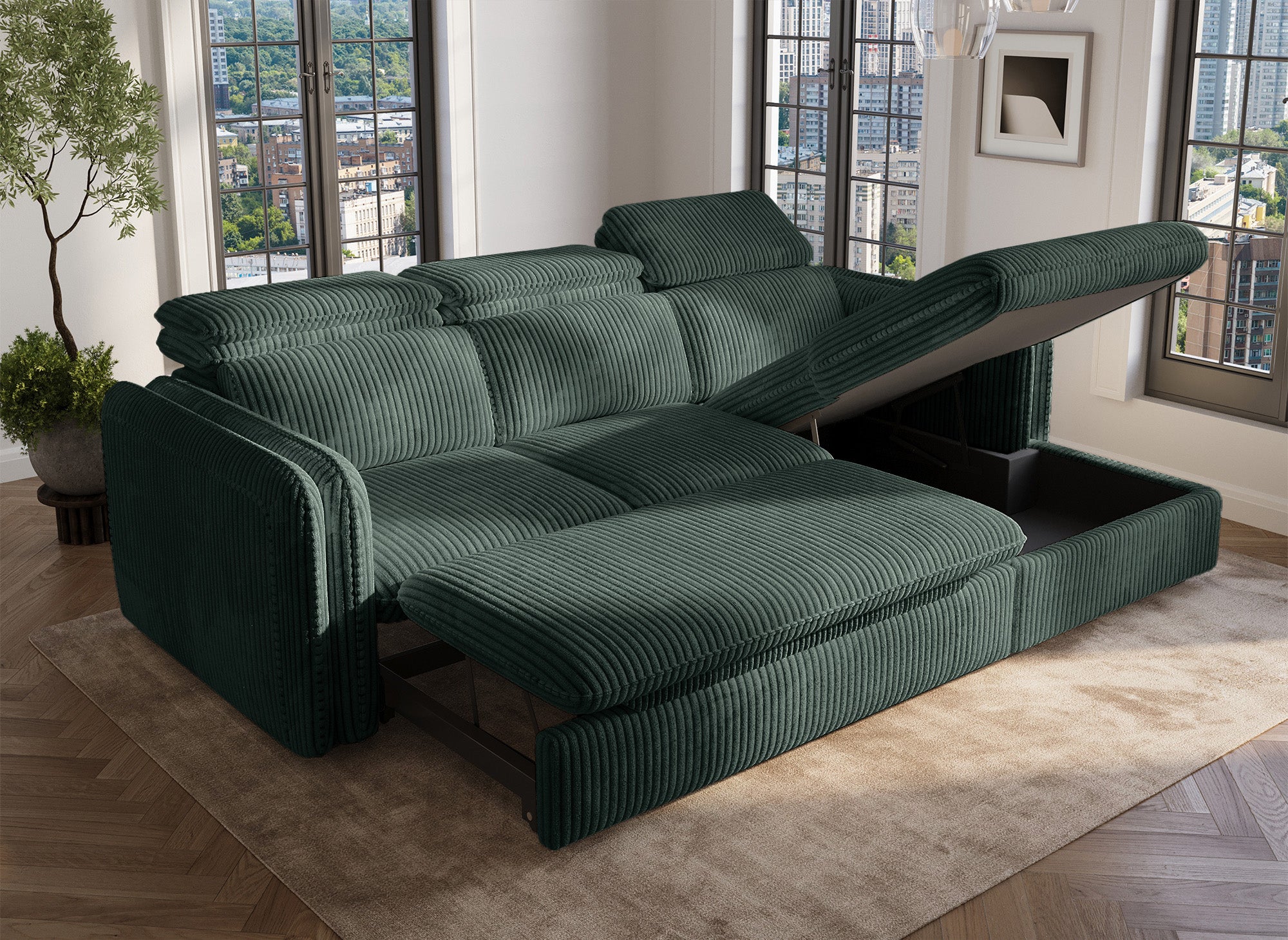 Sofá cama esquinero ISABELLA en pana verde gruesa - Esquina derecha