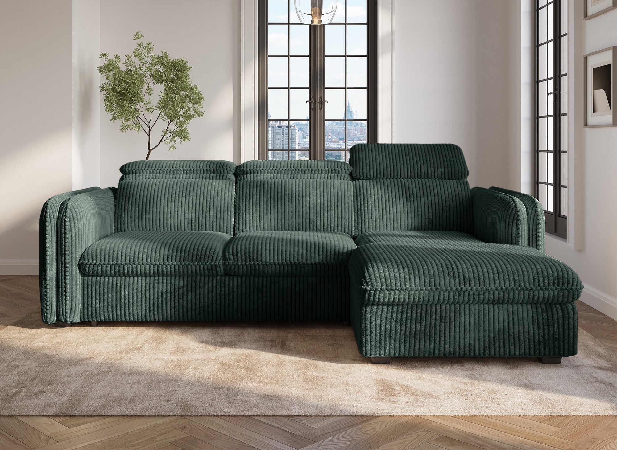 Sofá cama esquinero ISABELLA en pana verde gruesa - Esquina derecha