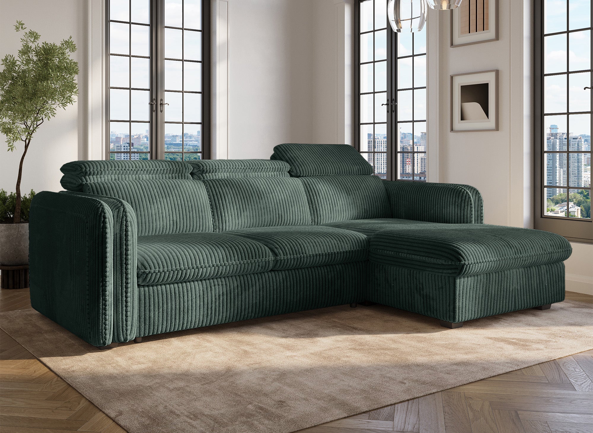 Sofá cama esquinero ISABELLA en pana verde gruesa - Esquina derecha