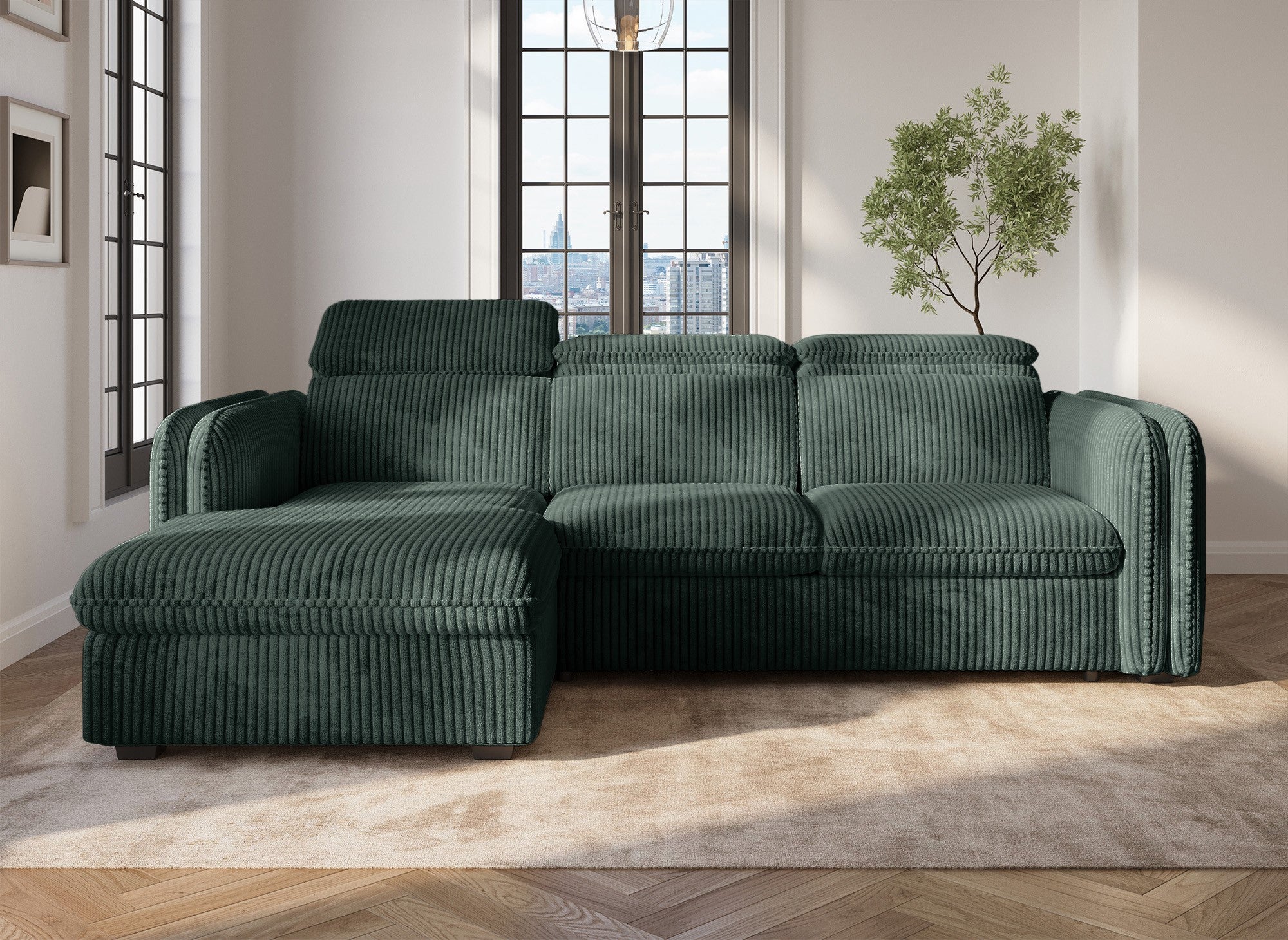 Sofá cama esquinero ISABELLA en pana verde gruesa - Esquina izquierda