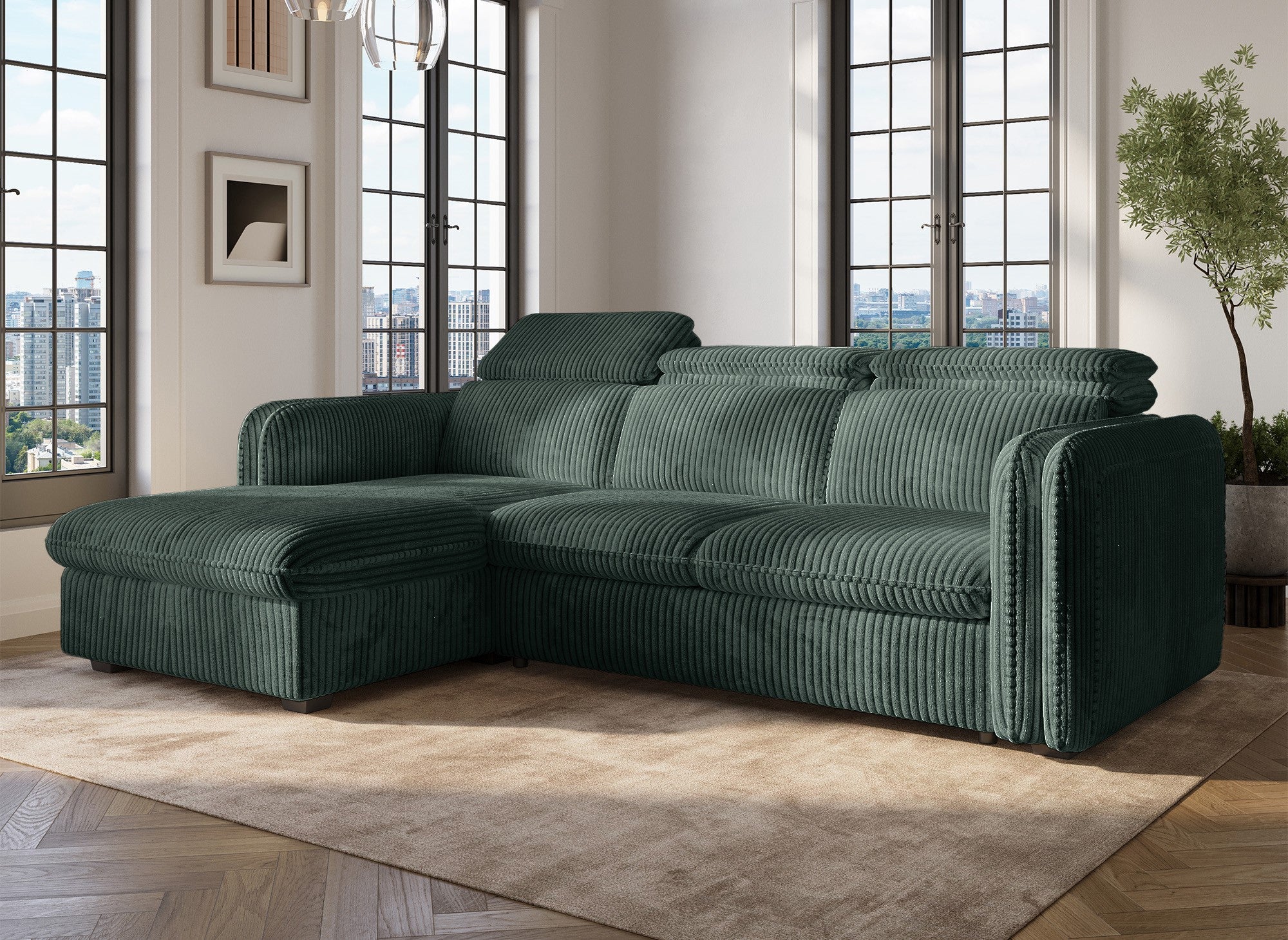 Sofá cama esquinero ISABELLA en pana verde gruesa - Esquina izquierda
