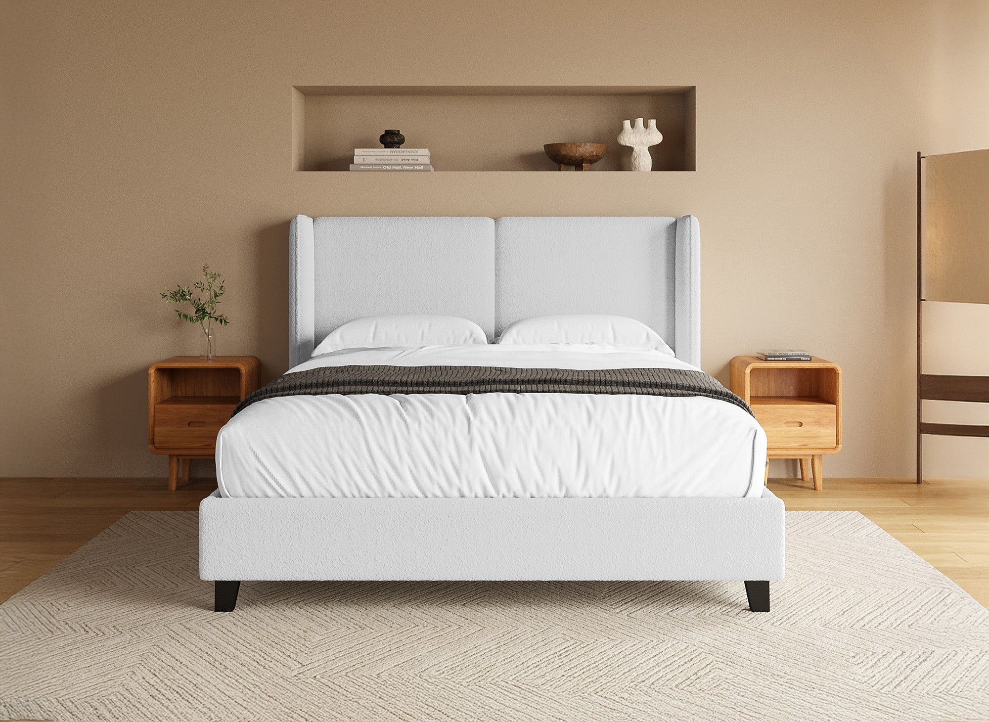 Cama doble KAYDEN de 140x190 cm, tapizada en tela con efecto piel de oveja gris claro.