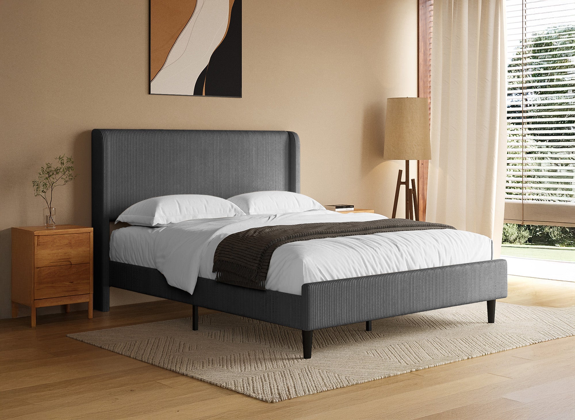 Cama doble LEVY de pana gruesa gris oscuro, 140x190 cm