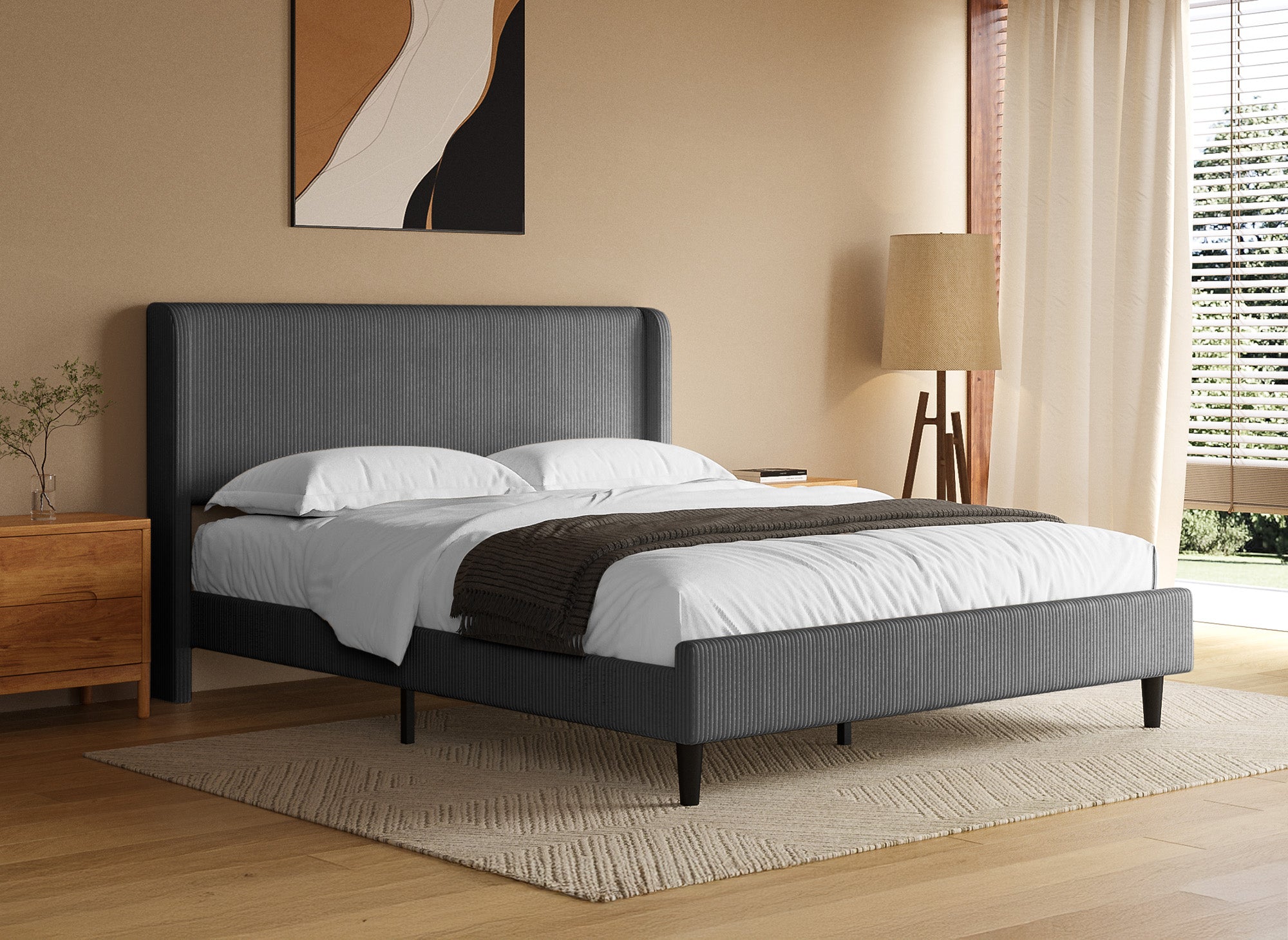 Cama doble LEVY de pana gruesa gris oscuro, 160x200 cm