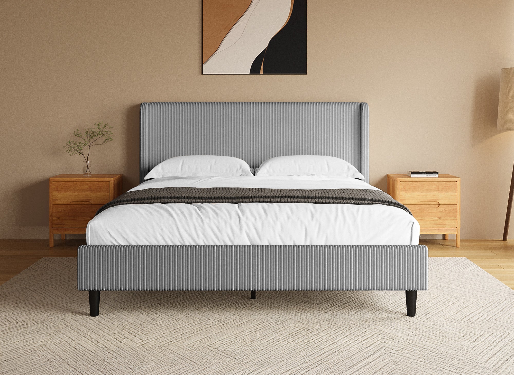 Cama doble LEVY en pana gruesa gris claro de 160x200 cm