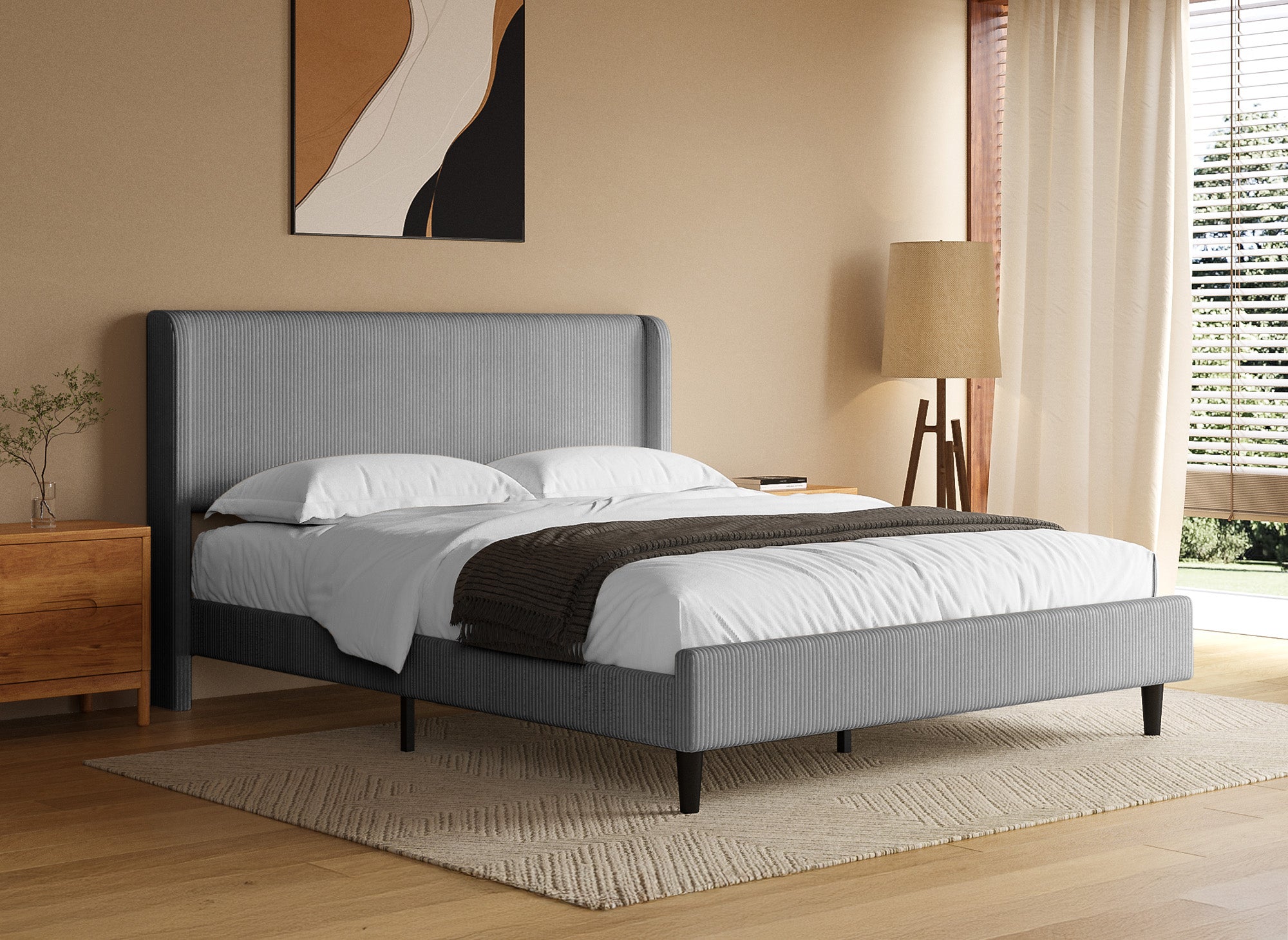 Cama doble LEVY en pana gruesa gris claro de 160x200 cm