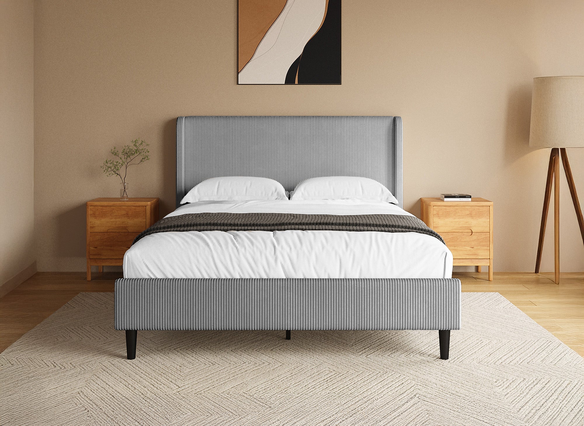 Cama doble LEVY en pana gruesa gris claro de 140x190 cm