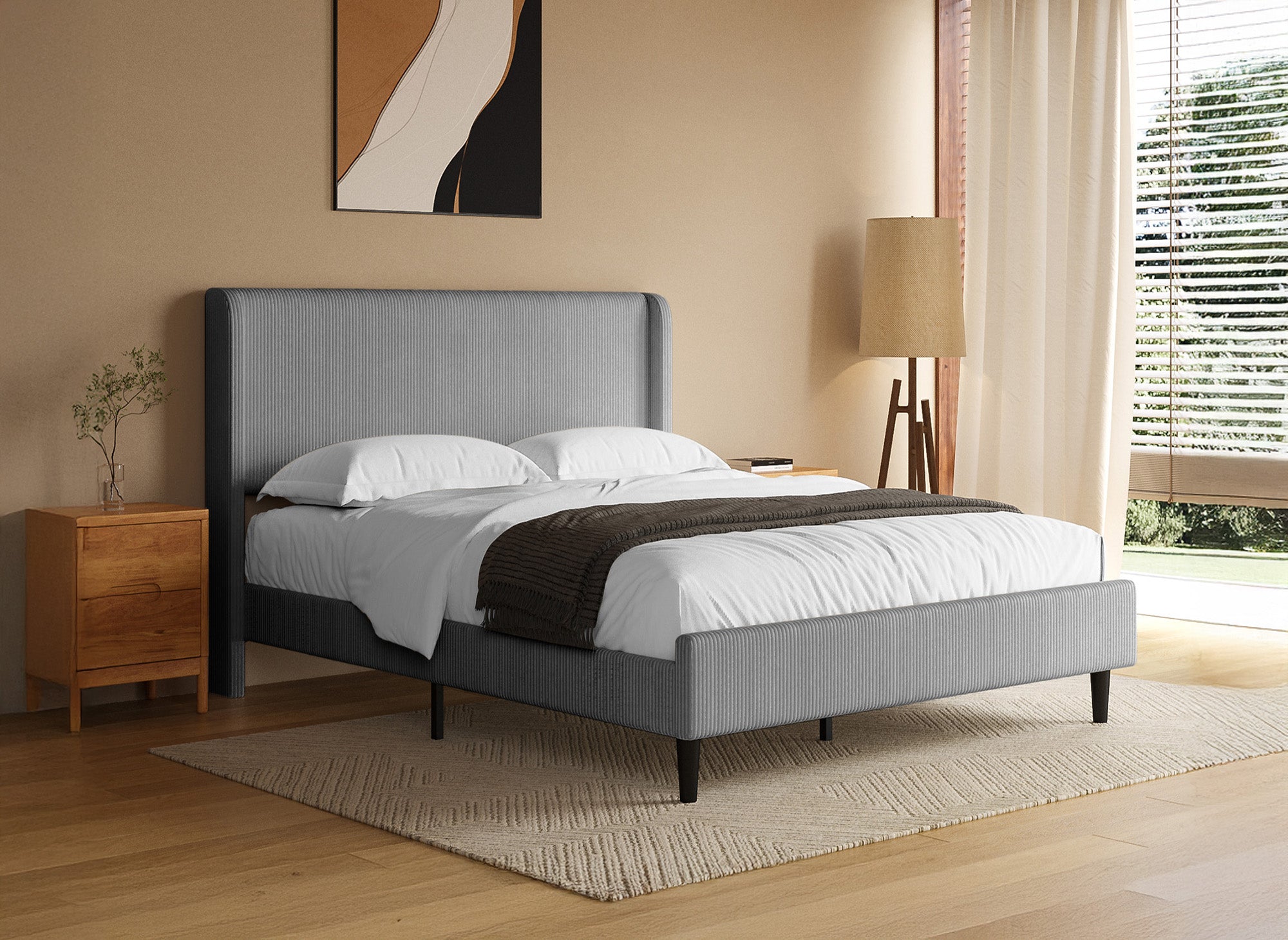 Cama doble LEVY en pana gruesa gris claro de 140x190 cm