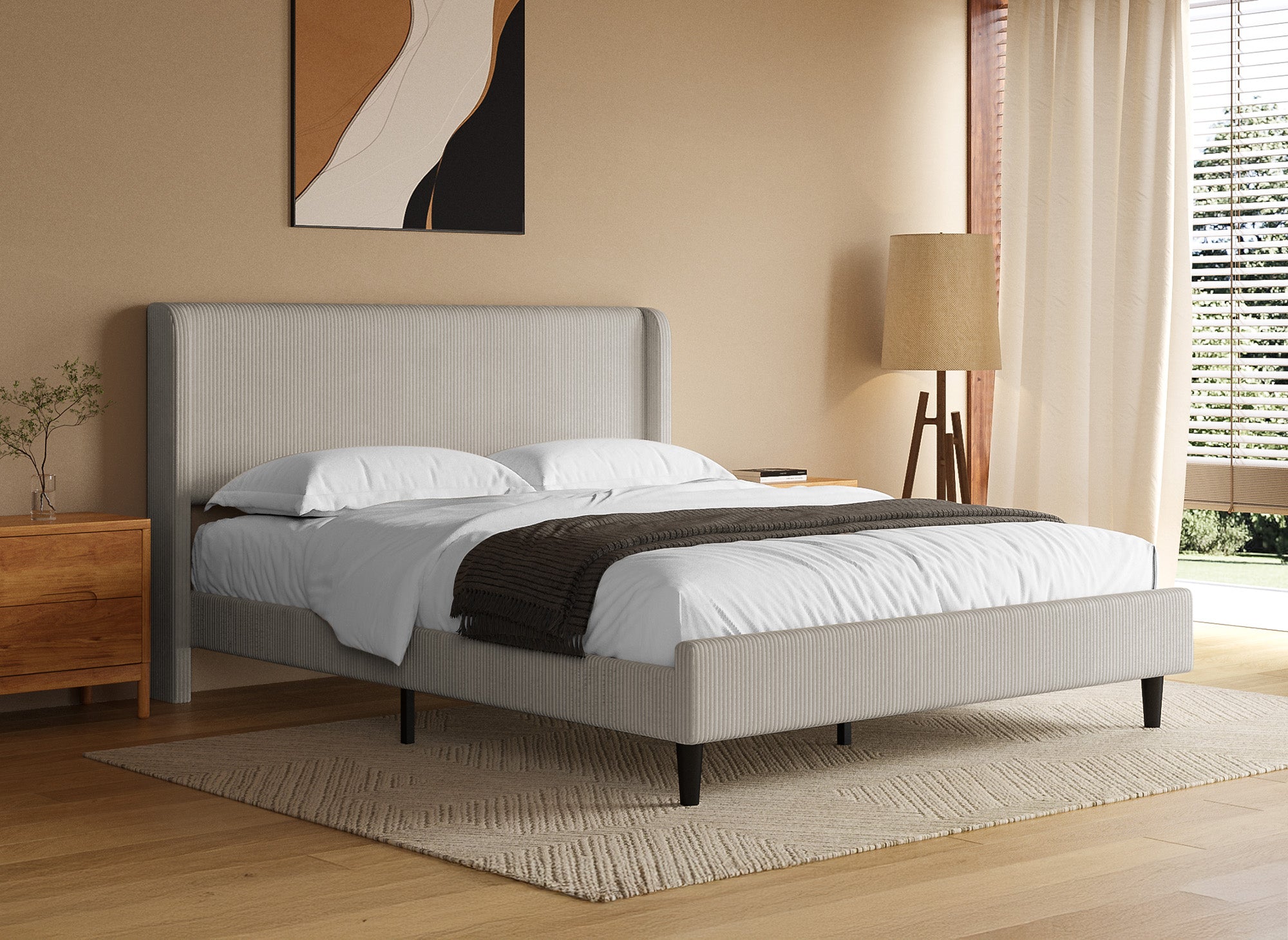 Cama doble en pana gruesa color topo 160x200cm LEVY