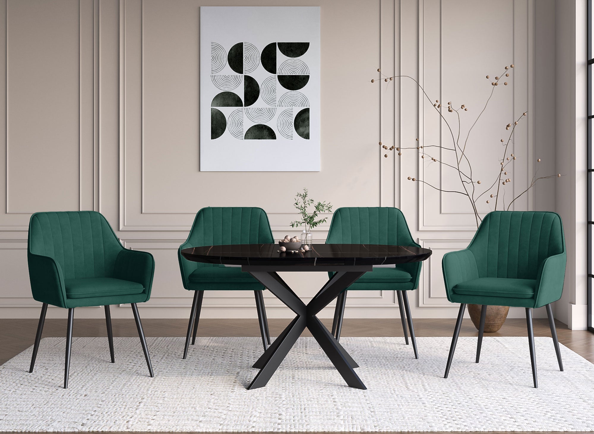 Juego de 2 sillas con reposabrazos en terciopelo verde y patas negras EDWIGE