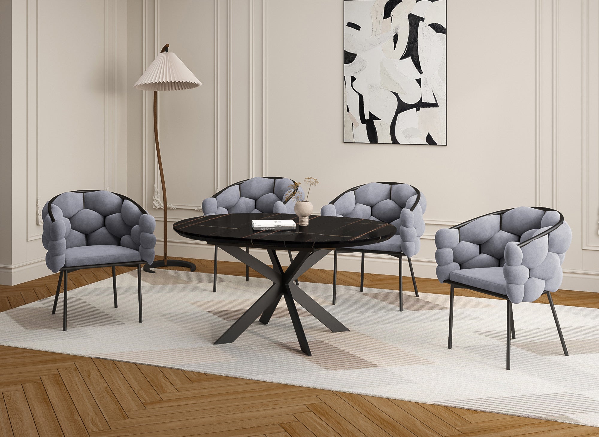 Juego de 2 sillas CHARLOTTE en terciopelo gris con patas de metal negro