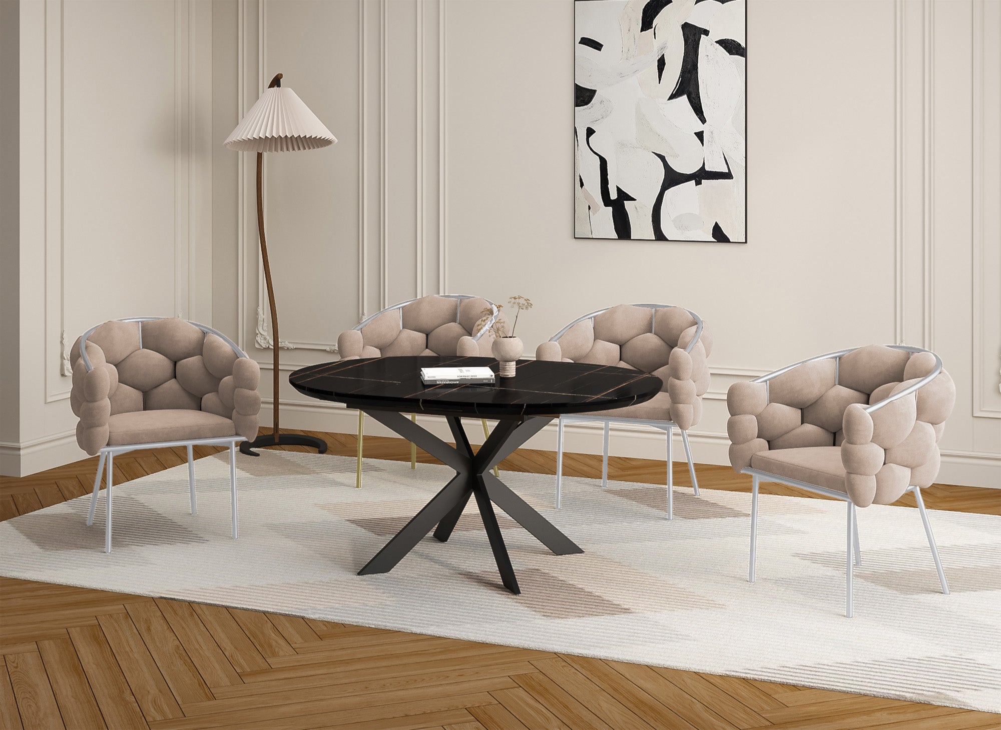 Juego de 2 sillas CHARLOTTE de terciopelo beige con patas de metal plateado