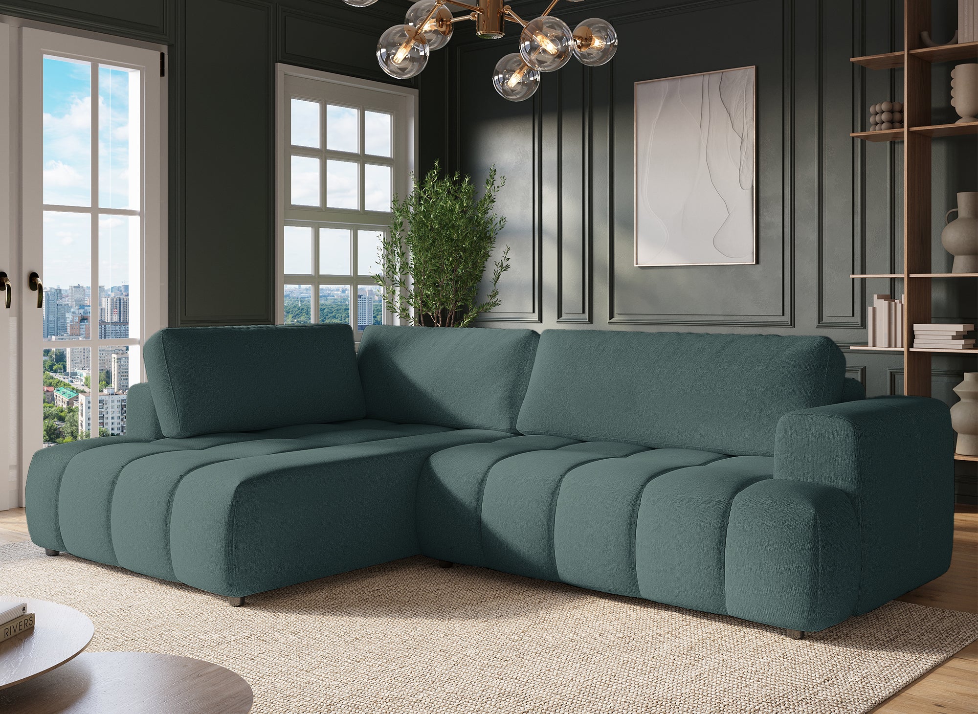 Sofá esquinero convertible HAVEN con almacenaje en tela verde oliva - Esquina izquierda