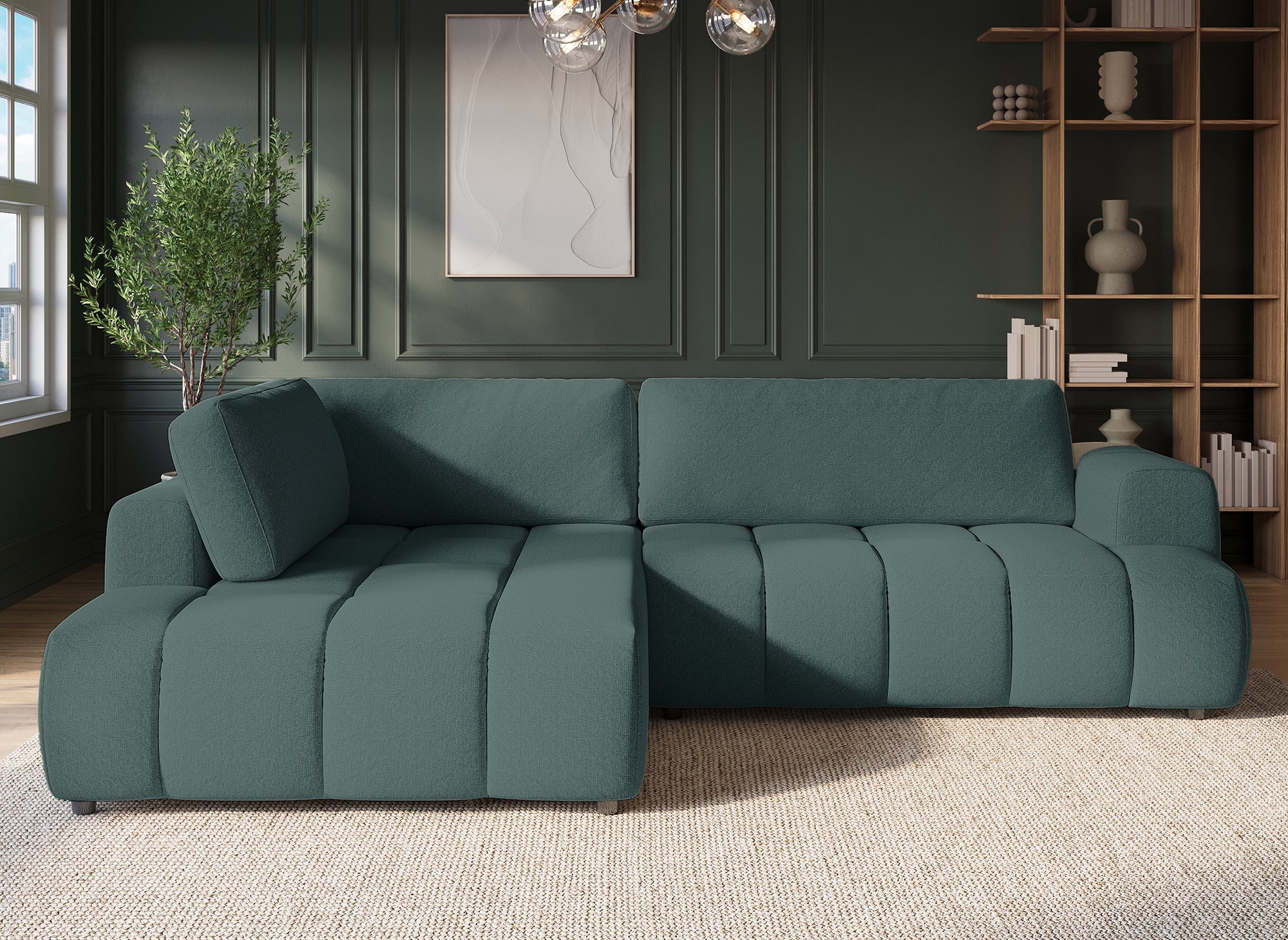 Sofá esquinero convertible HAVEN con almacenaje en tela verde oliva - Esquina izquierda