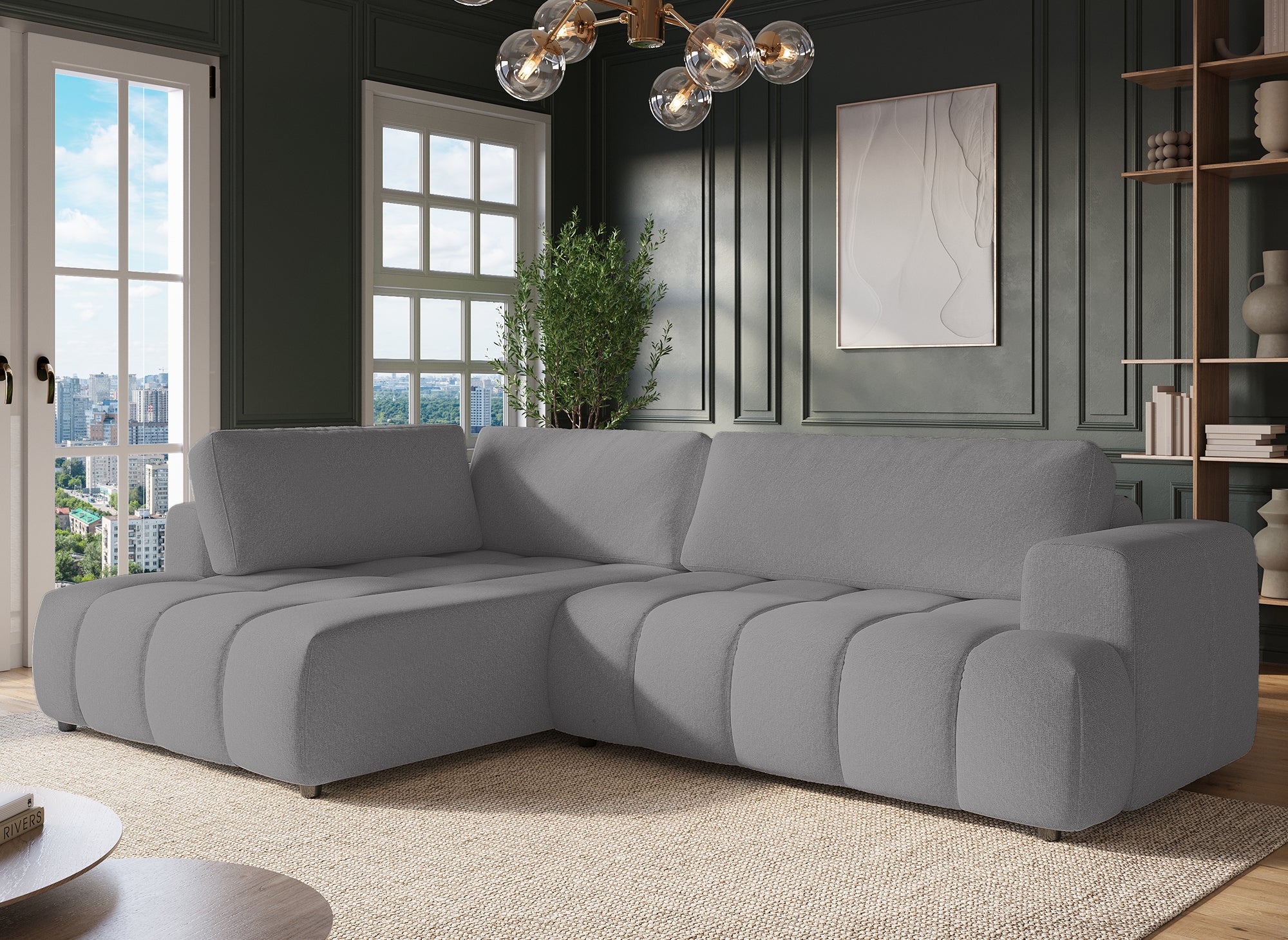 Sofá cama esquinero HAVEN con almacenaje en tela gris - Esquina izquierda