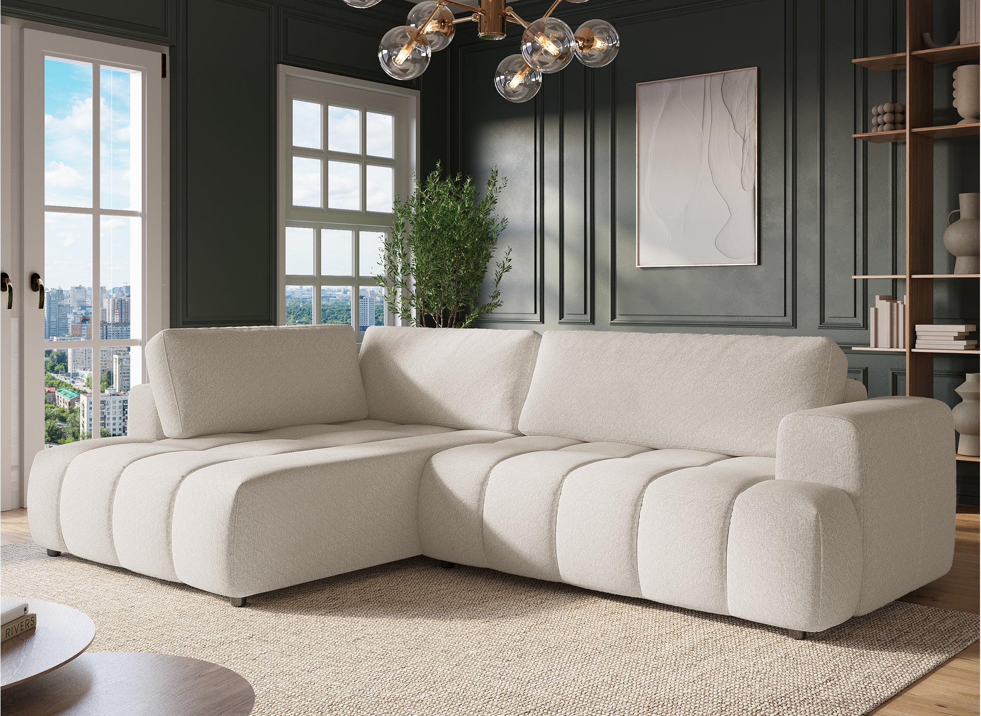 Sofá esquinero convertible HAVEN con almacenaje en tela beige - Esquina izquierda