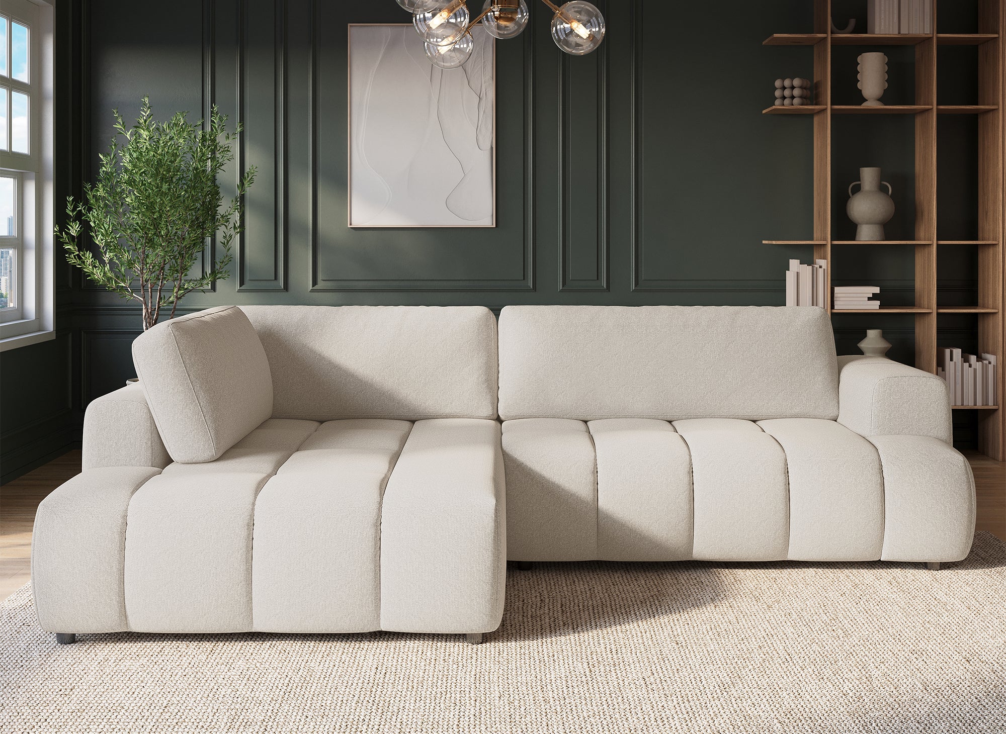 Sofá esquinero convertible HAVEN con almacenaje en tela beige - Esquina izquierda