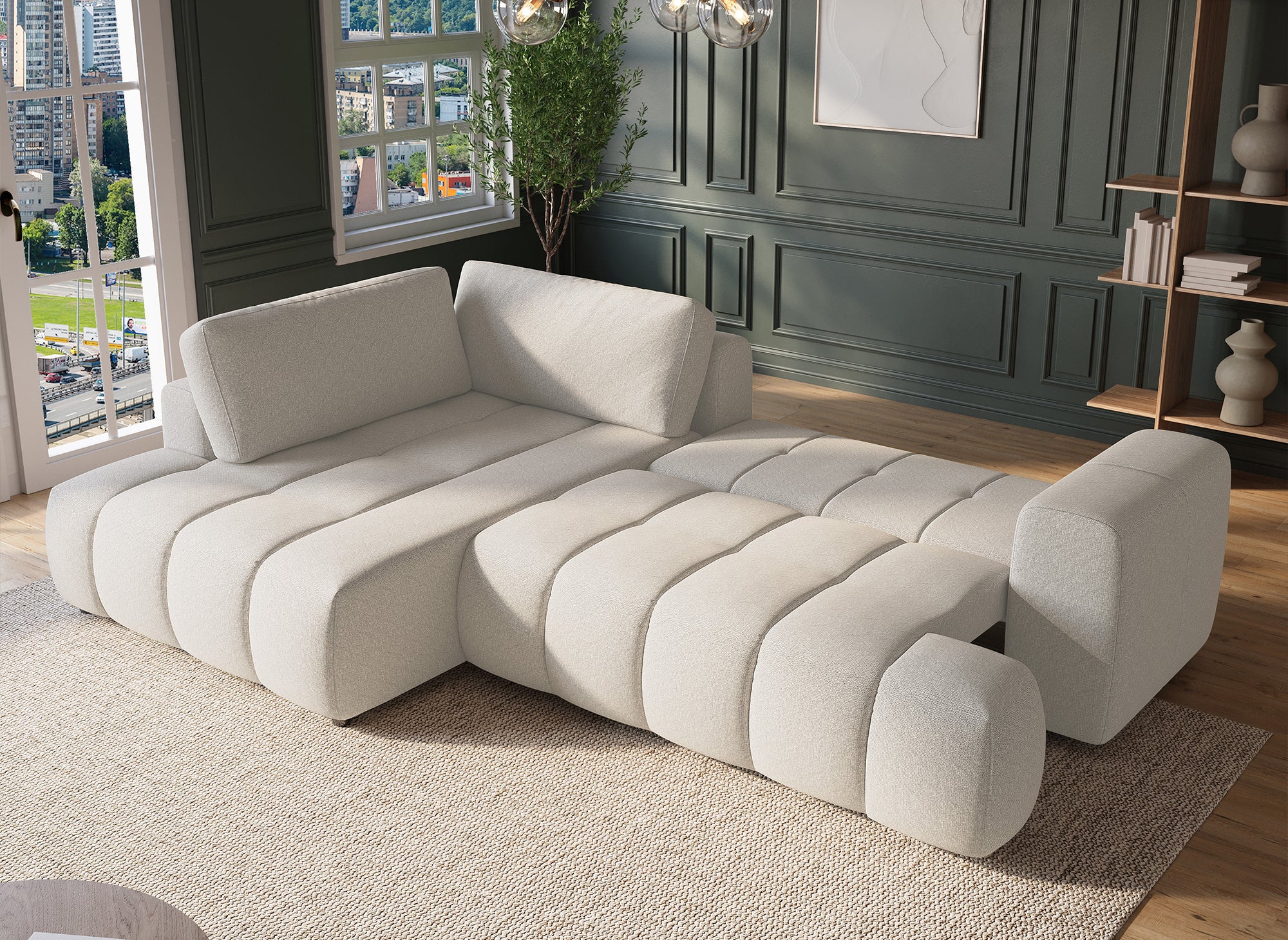 Sofá esquinero convertible HAVEN con almacenaje en tela beige - Esquina izquierda