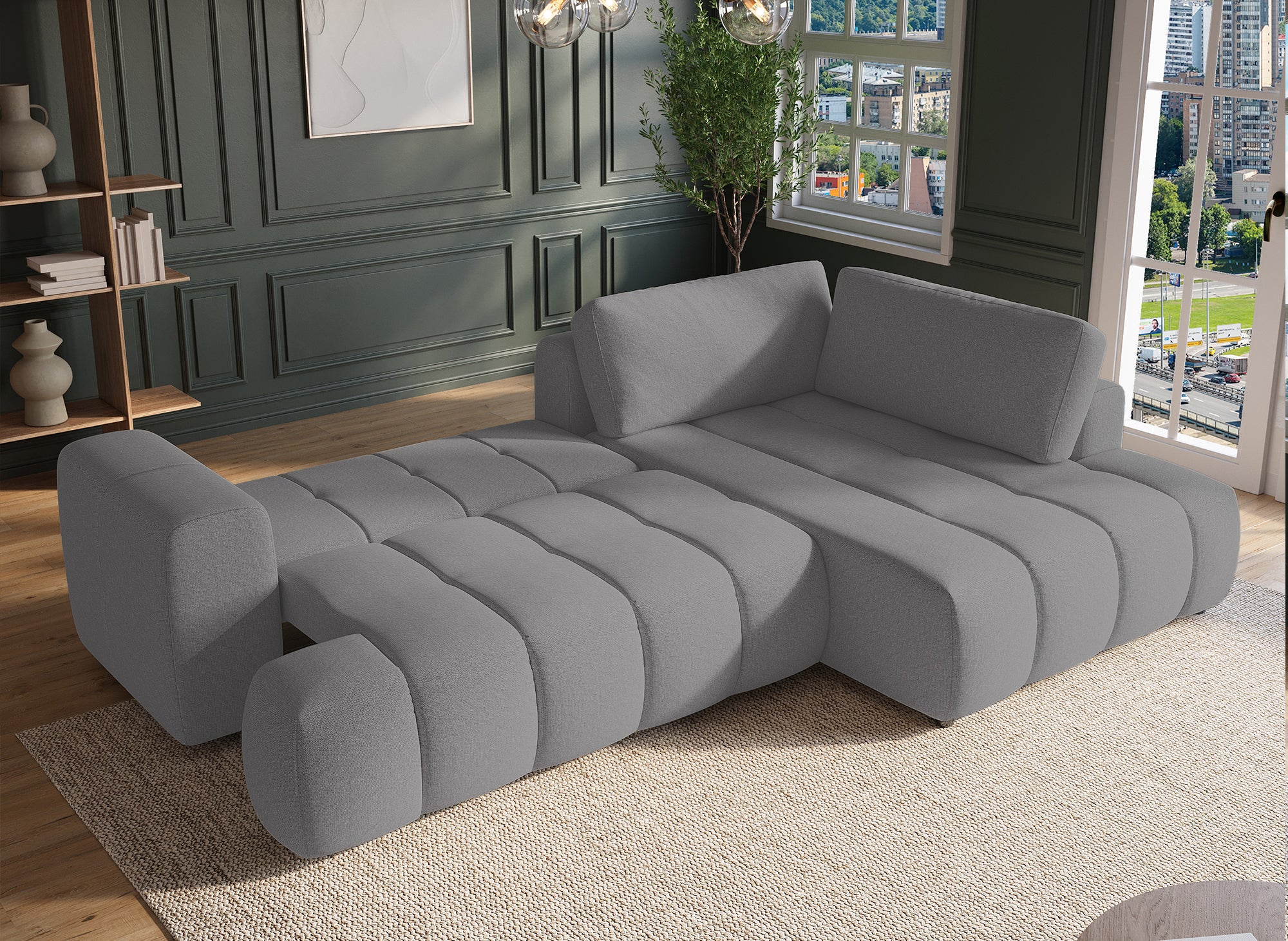 Sofá cama esquinero HAVEN con almacenaje en tela gris - Esquina derecha