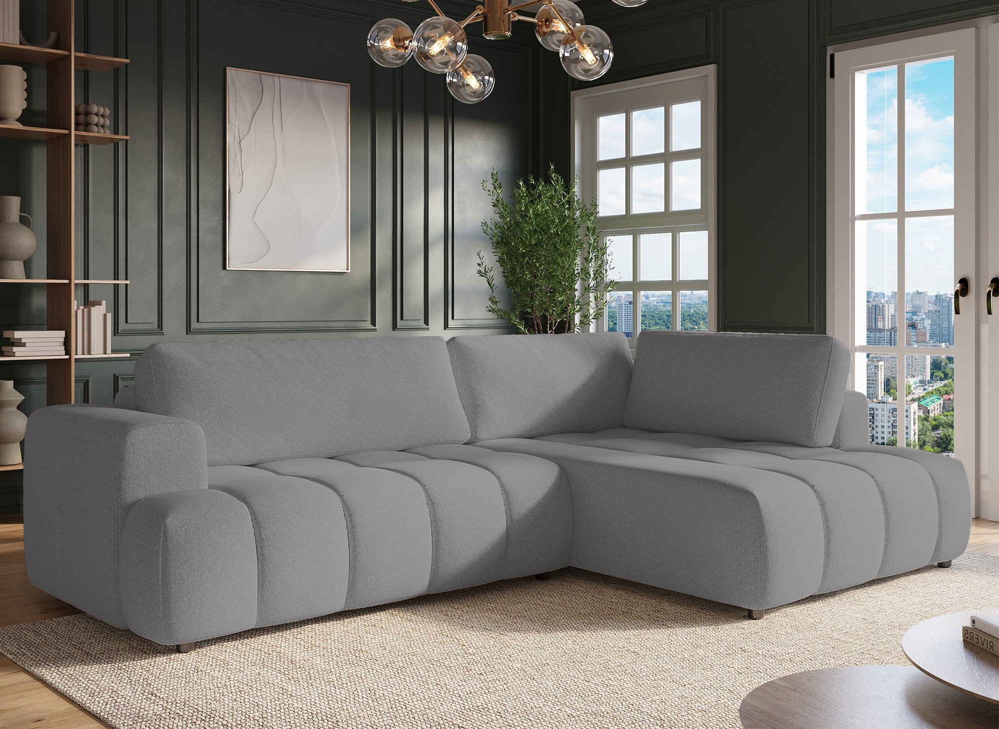 Sofá cama esquinero HAVEN con almacenaje en tela gris - Esquina derecha