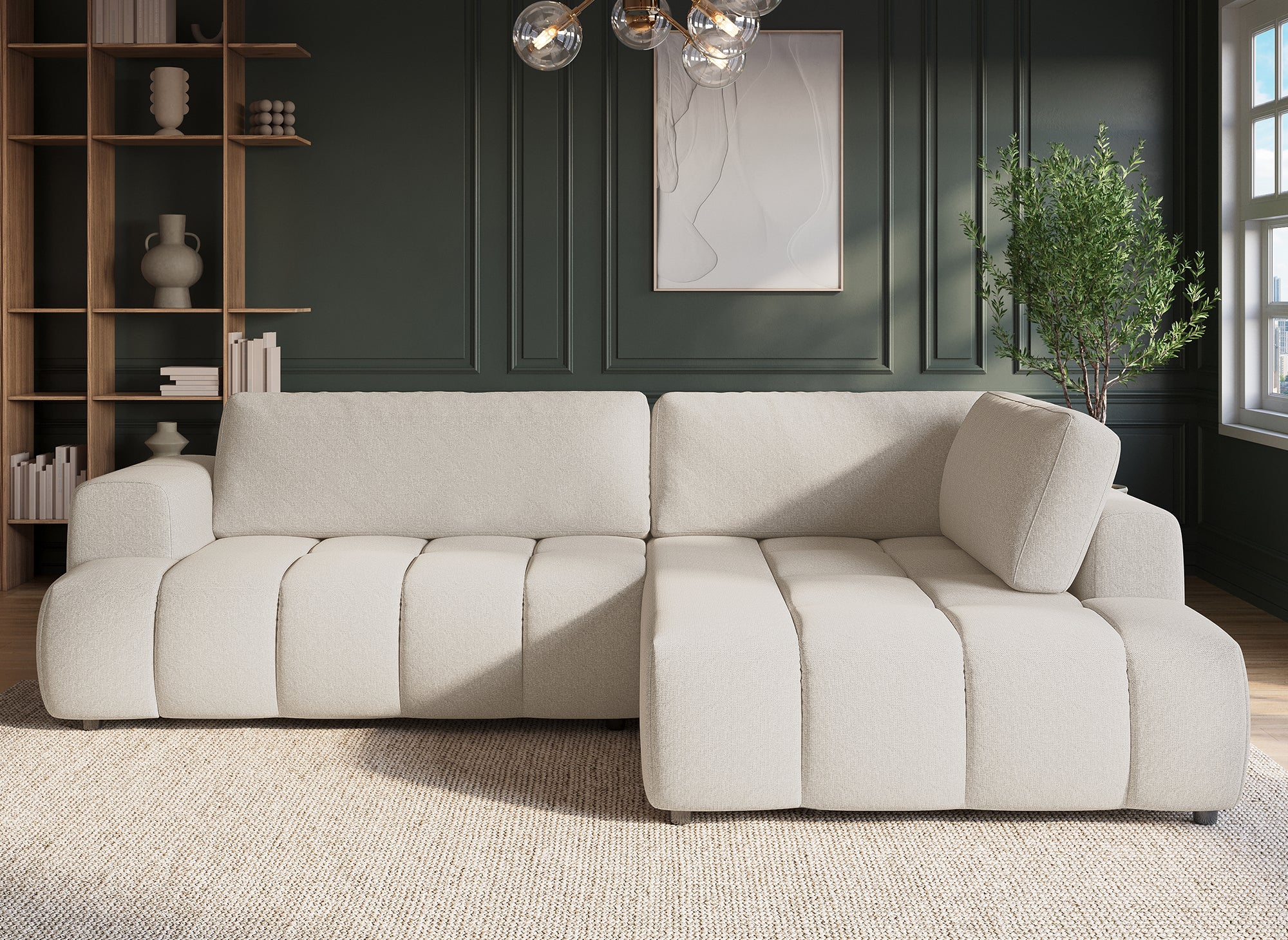 Sofá esquinero convertible HAVEN con almacenaje en tela beige - Esquinero derecho