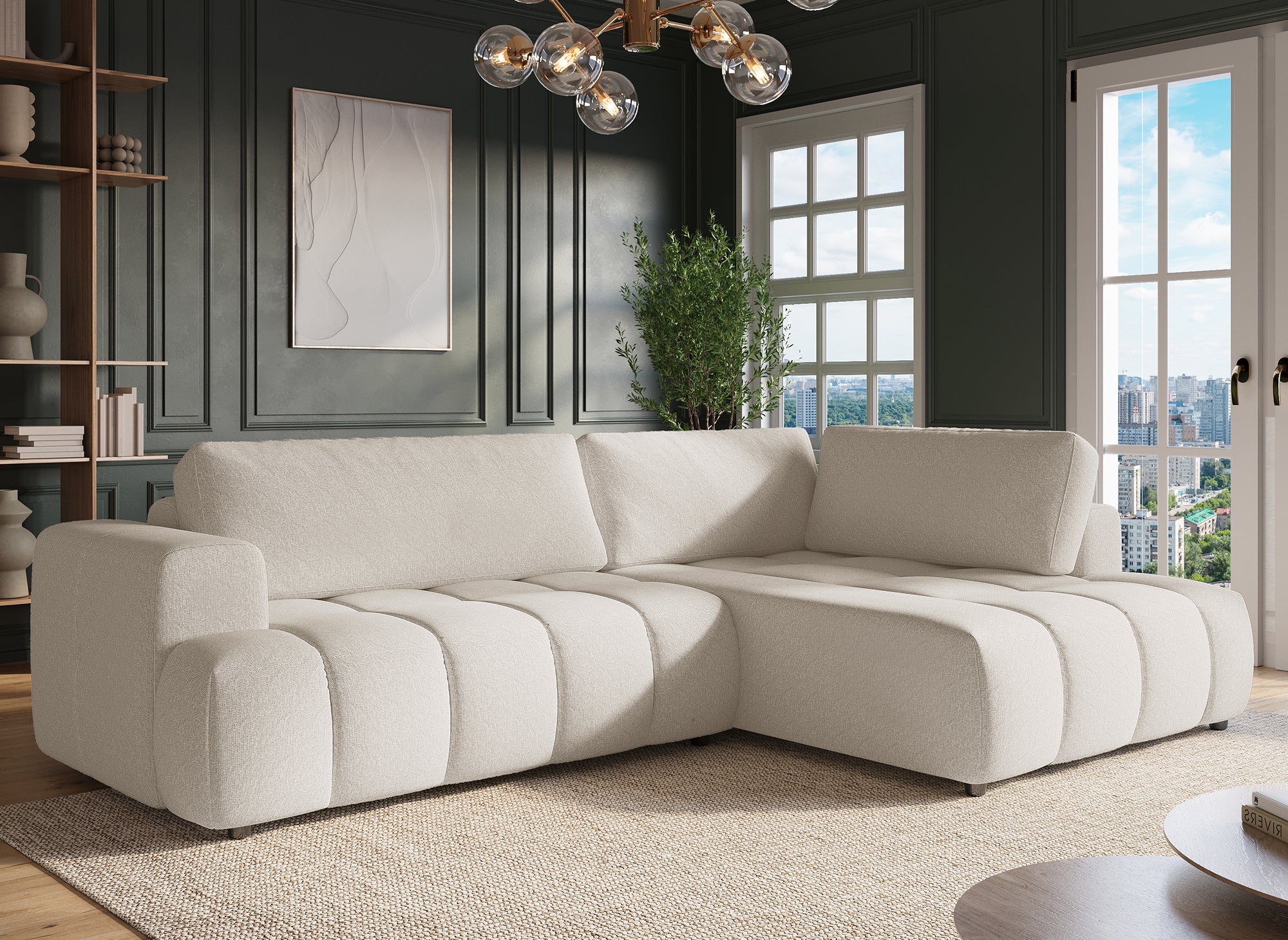 Sofá esquinero convertible HAVEN con almacenaje en tela beige - Esquinero derecho