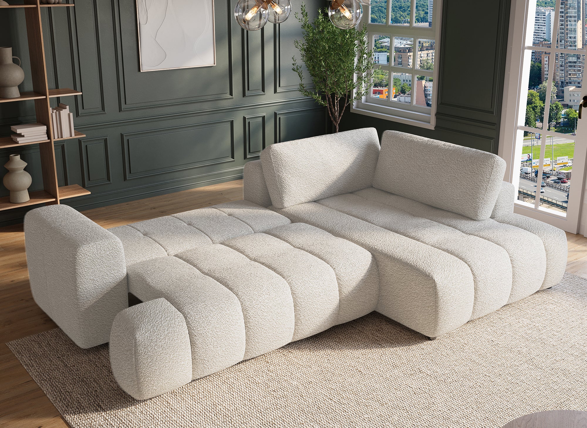 Sofá esquinero convertible HAVEN con almacenaje en tela bouclé color crudo - Esquinero derecho