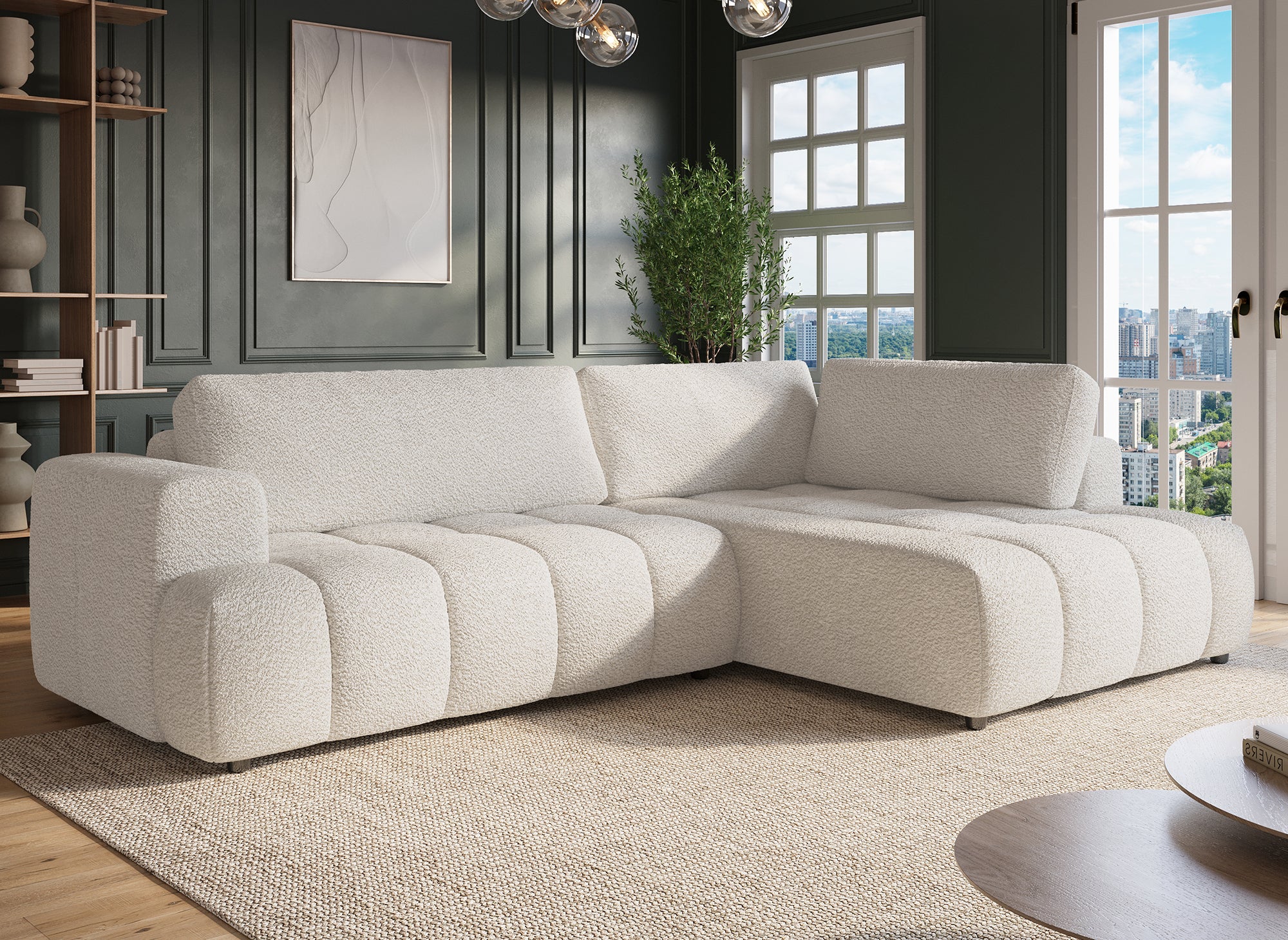 Sofá esquinero convertible HAVEN con almacenaje en tela bouclé color crudo - Esquinero derecho