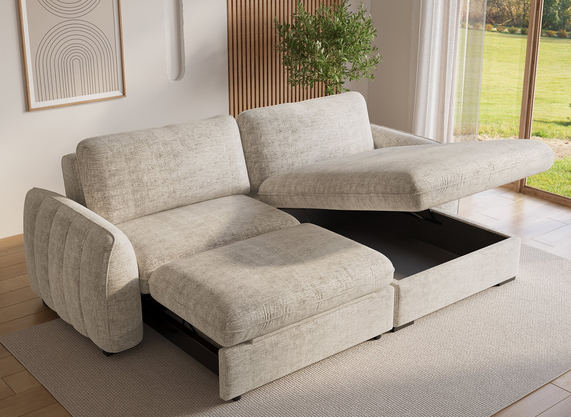 Sofá esquinero convertible y reversible LIORA con almacenaje en terciopelo jaspeado beige