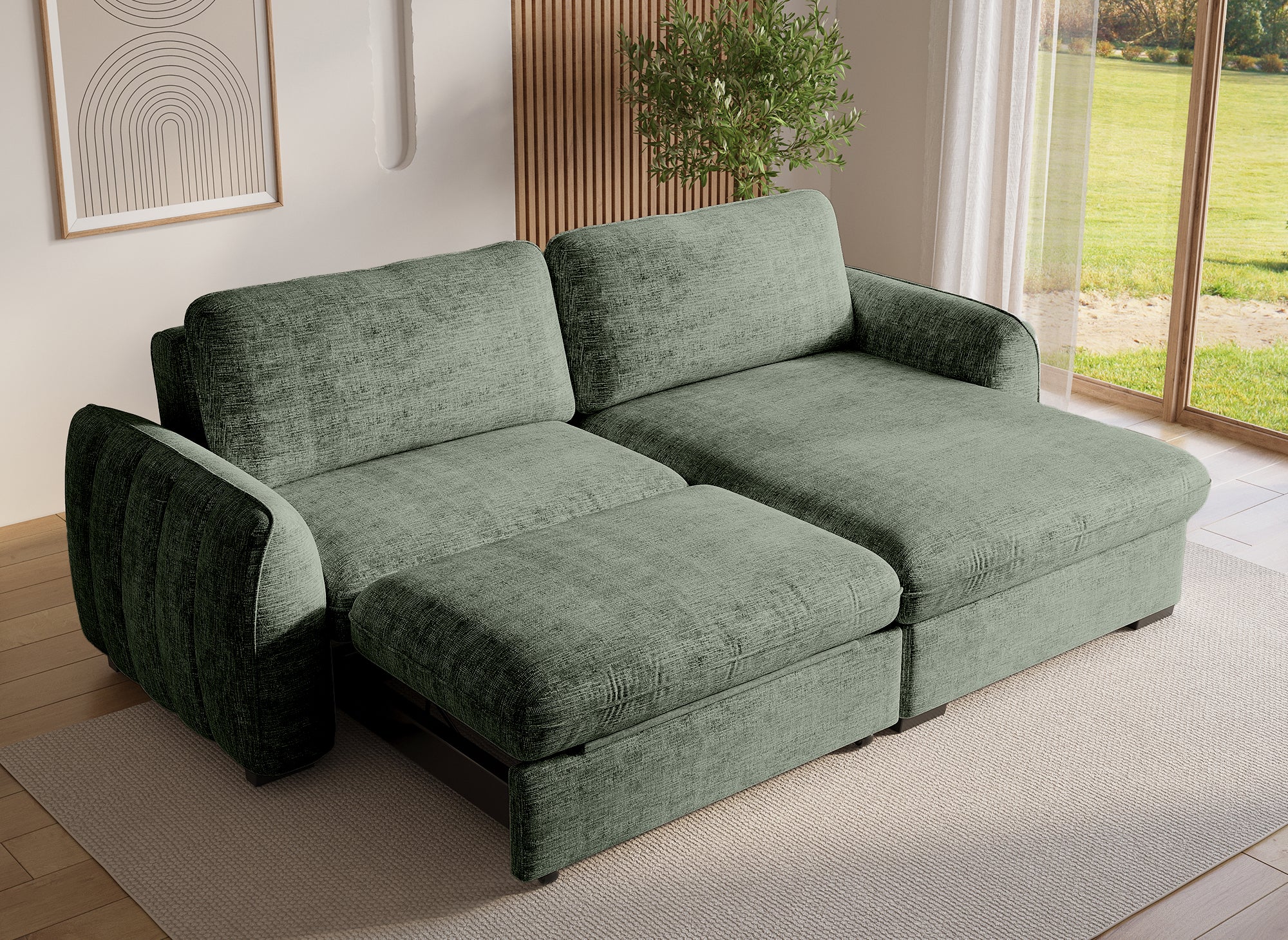 Sofá esquinero convertible y reversible LIORA con almacenaje en terciopelo verde caqui jaspeado