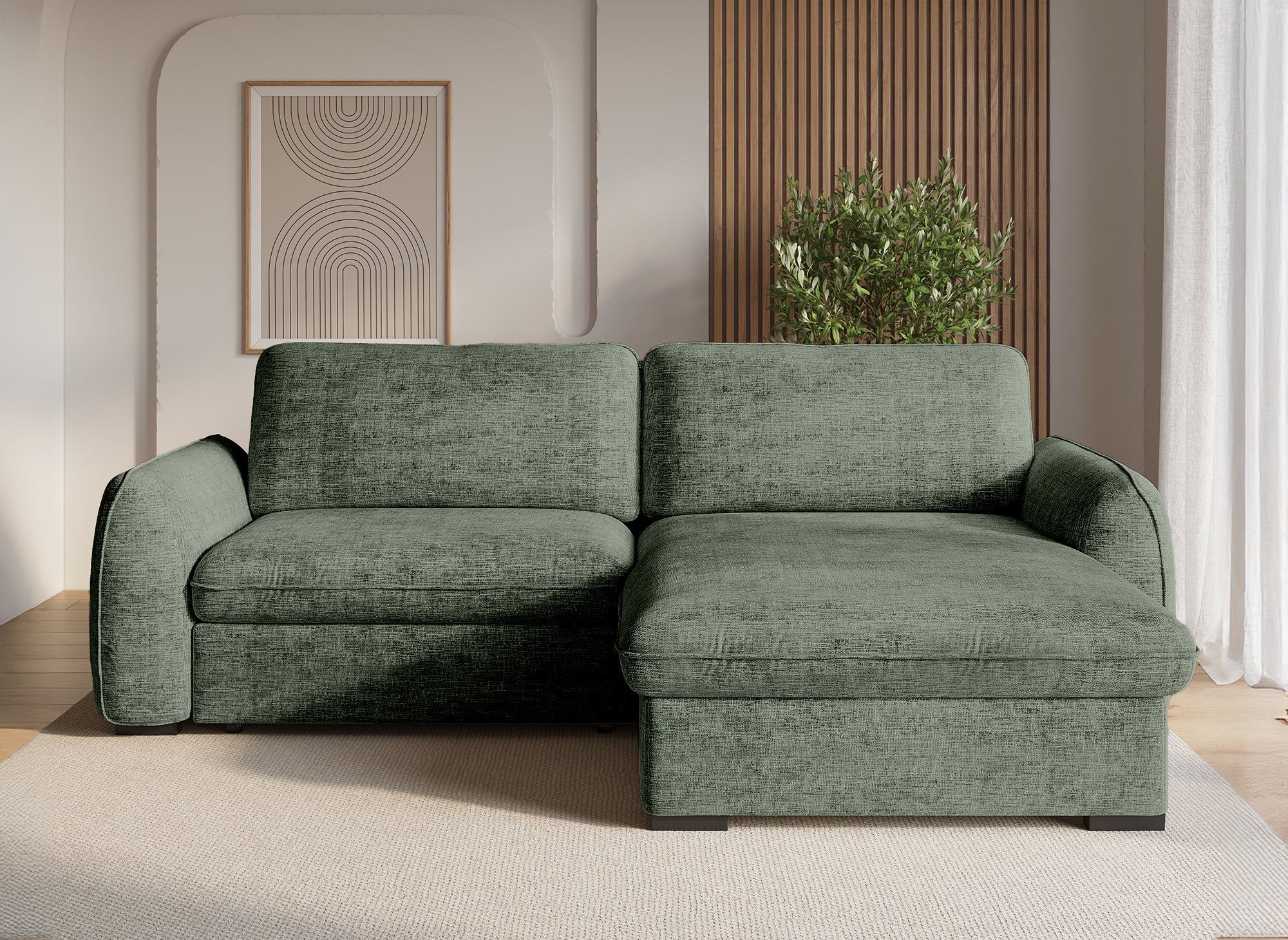 Sofá esquinero convertible y reversible LIORA con almacenaje en terciopelo verde caqui jaspeado