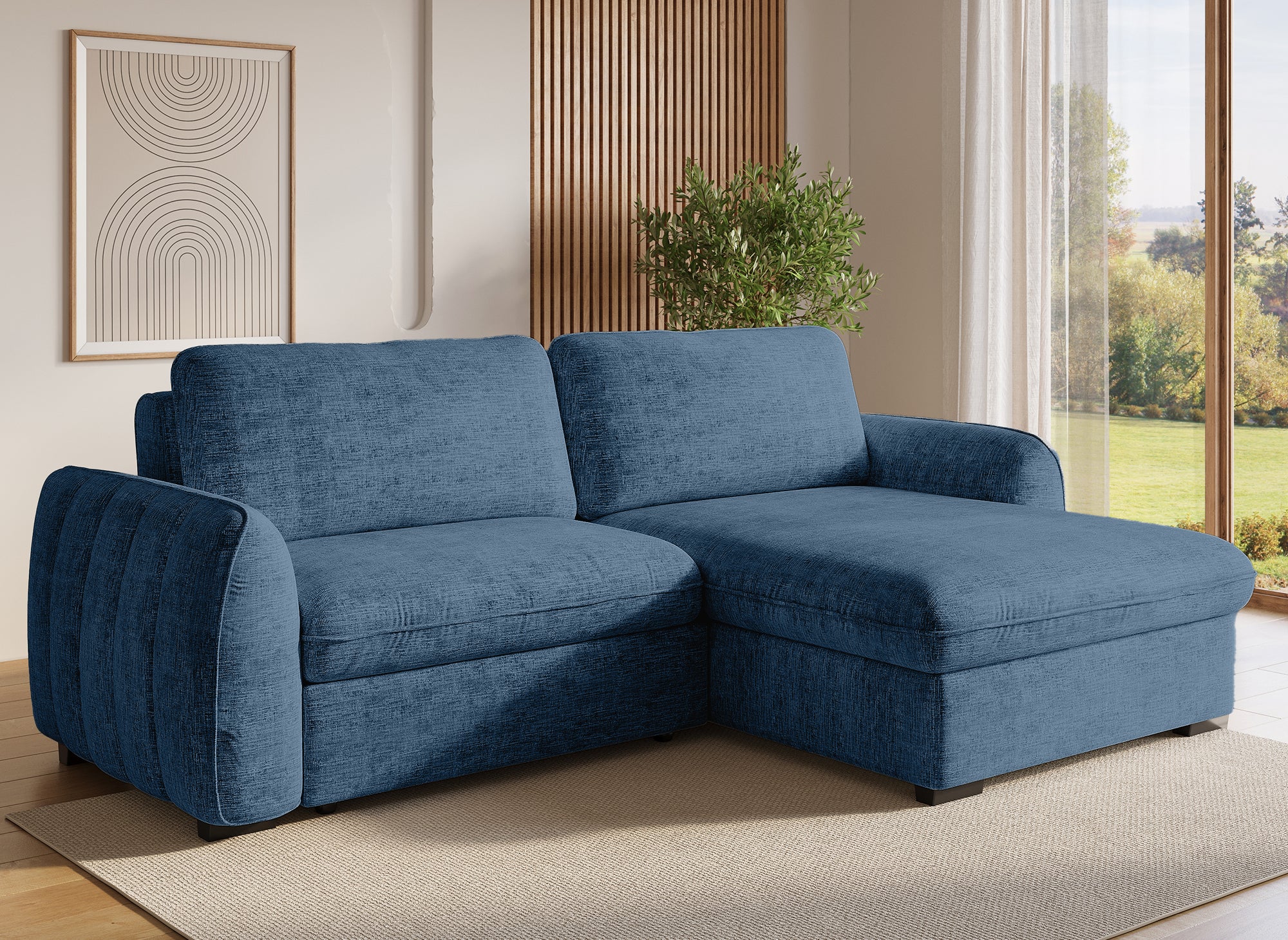 Sofá esquinero convertible y reversible LIORA con almacenaje en terciopelo azul jaspeado