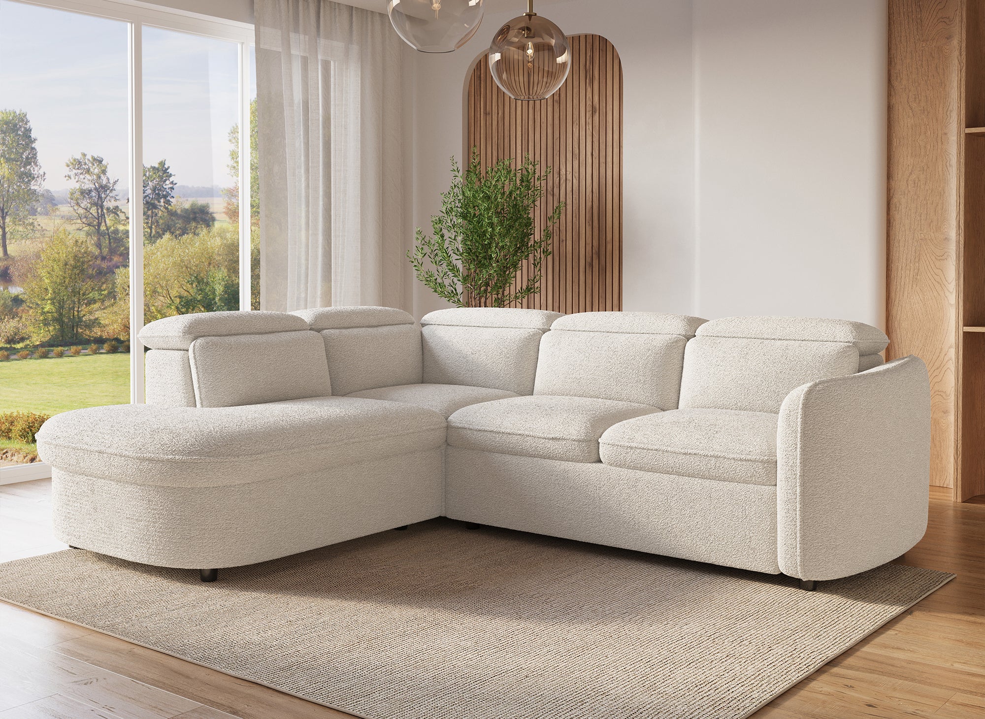 Sofá esquinero convertible BAYA con compartimento de almacenamiento en tela bouclé color crudo - esquina izquierda