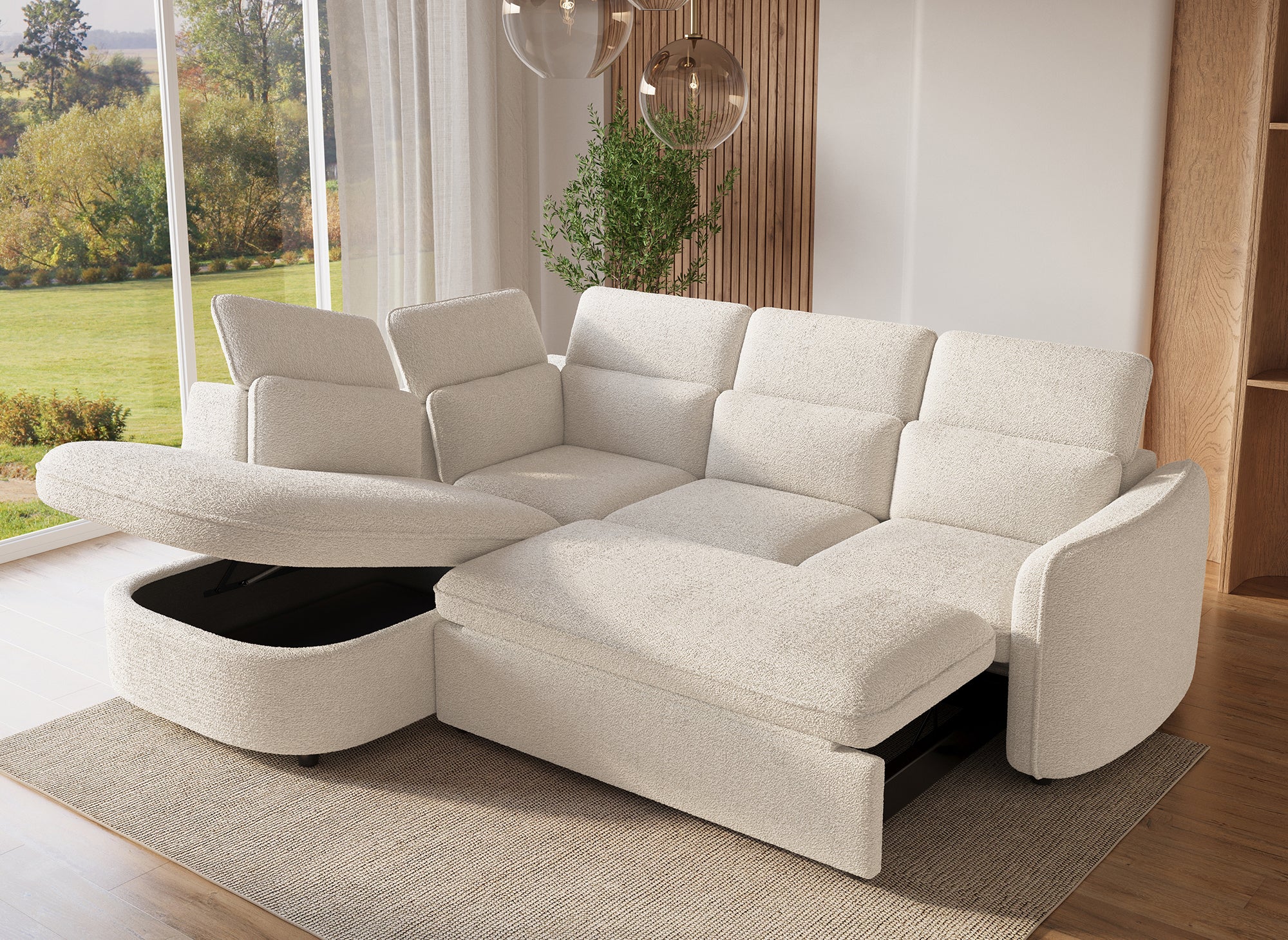 Sofá esquinero convertible BAYA con compartimento de almacenamiento en tela bouclé color crudo - esquina izquierda