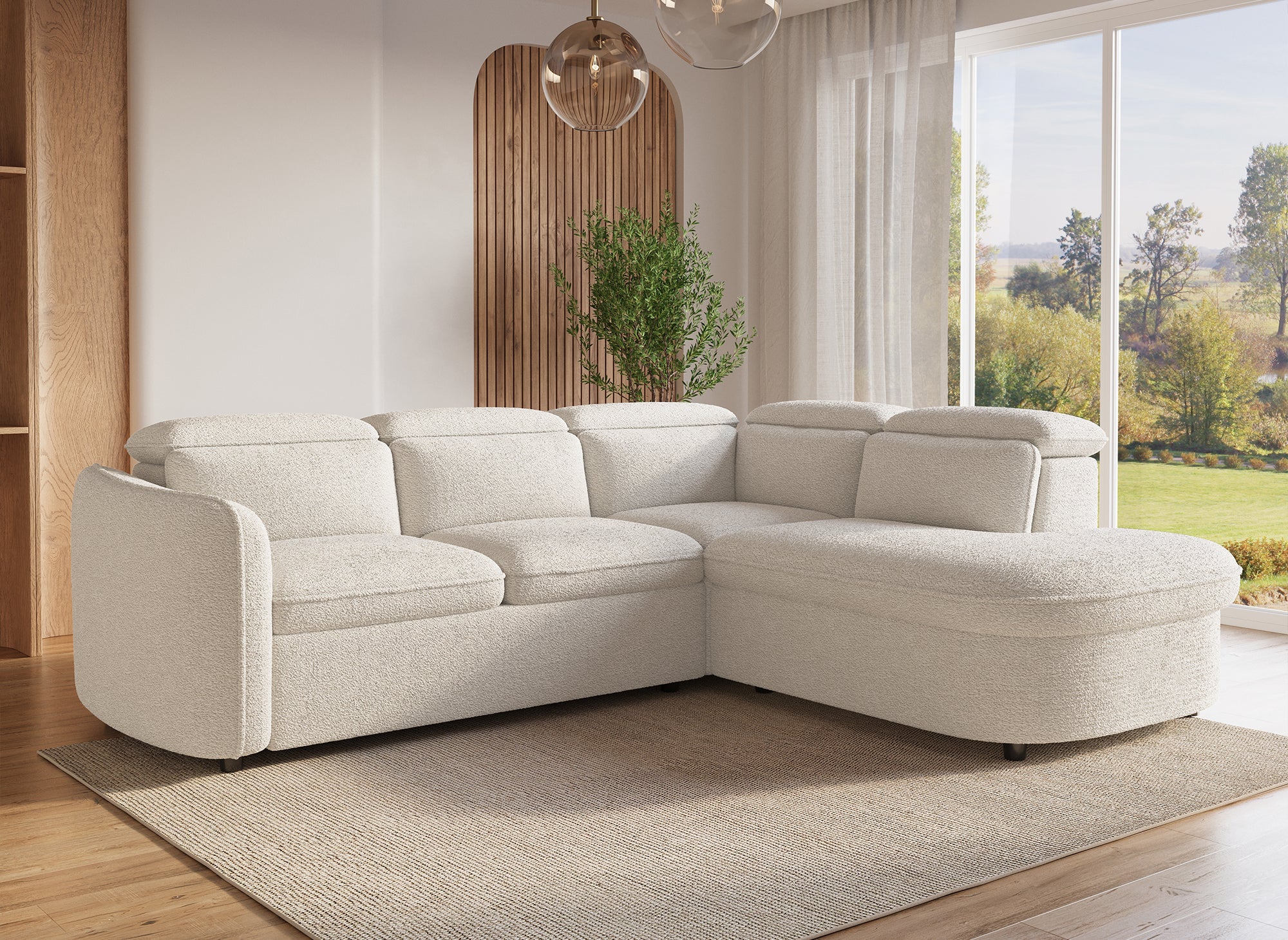 Sofá esquinero convertible BAYA con compartimento de almacenamiento en tela bouclé color crudo - esquina derecha