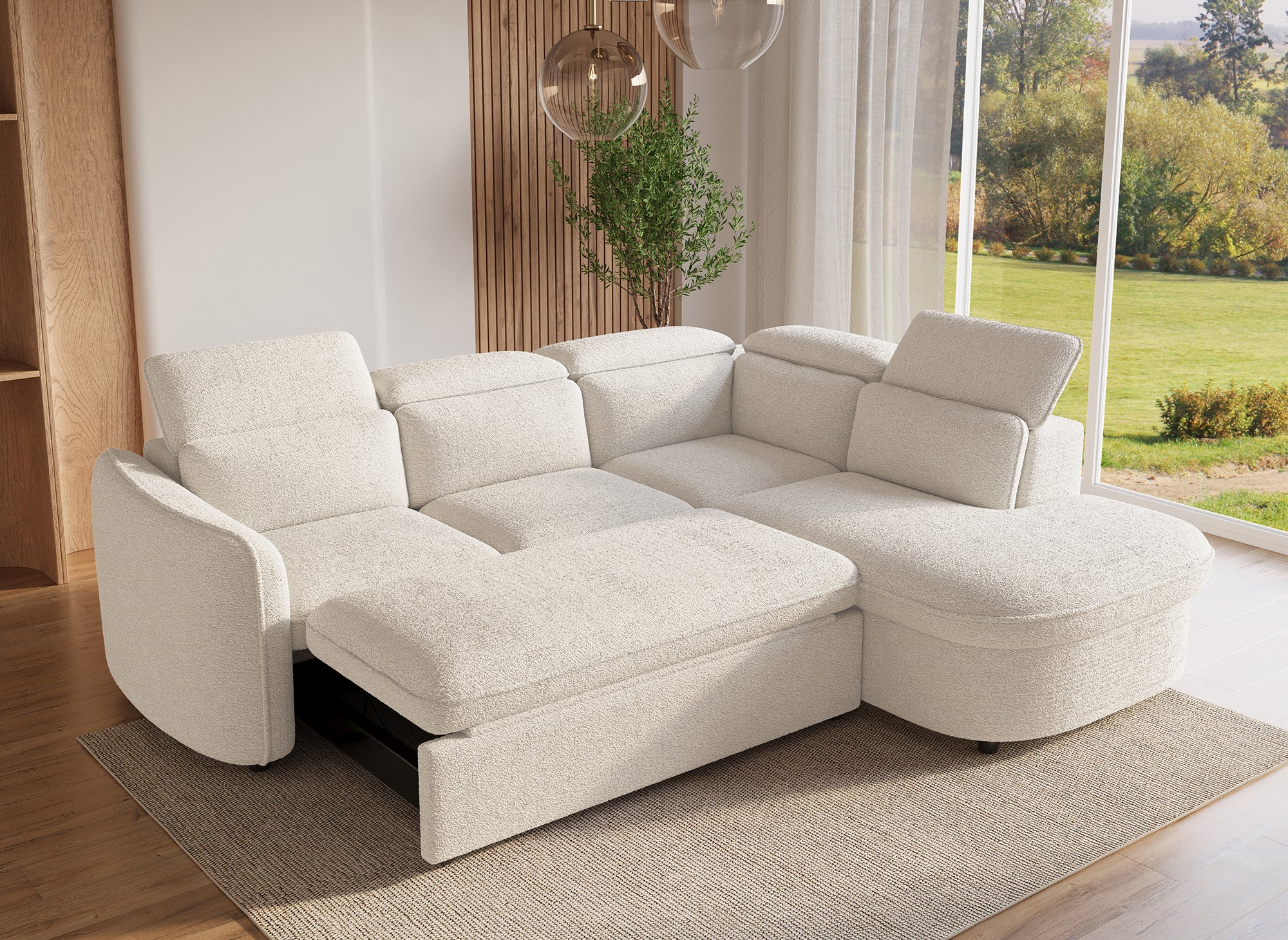 Sofá esquinero convertible BAYA con compartimento de almacenamiento en tela bouclé color crudo - esquina derecha