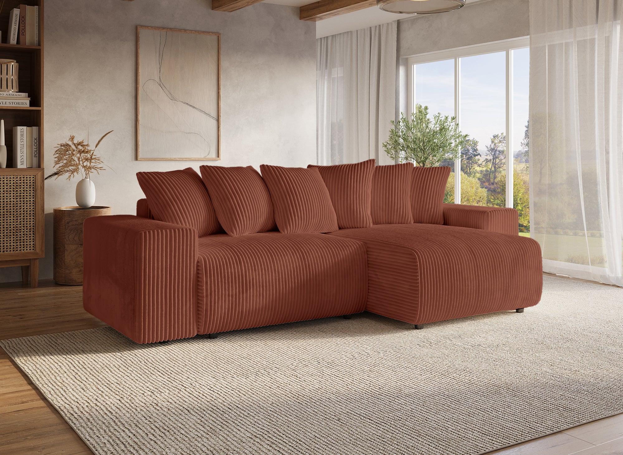 Sofá cama esquinero reversible NOELIA con almacenaje en pana gruesa color terracota